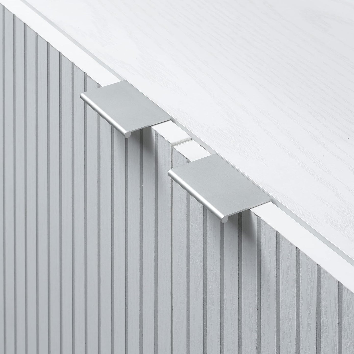 Sango Merk 2-Door Cabinet, Modern White Storage Cabinet with Vertical Groove Doors, Adjustable Shelf, Cylindrical Wood Legs, Discreet Metal Finger Pulls, Stylish Furniture for Living or Dining Room