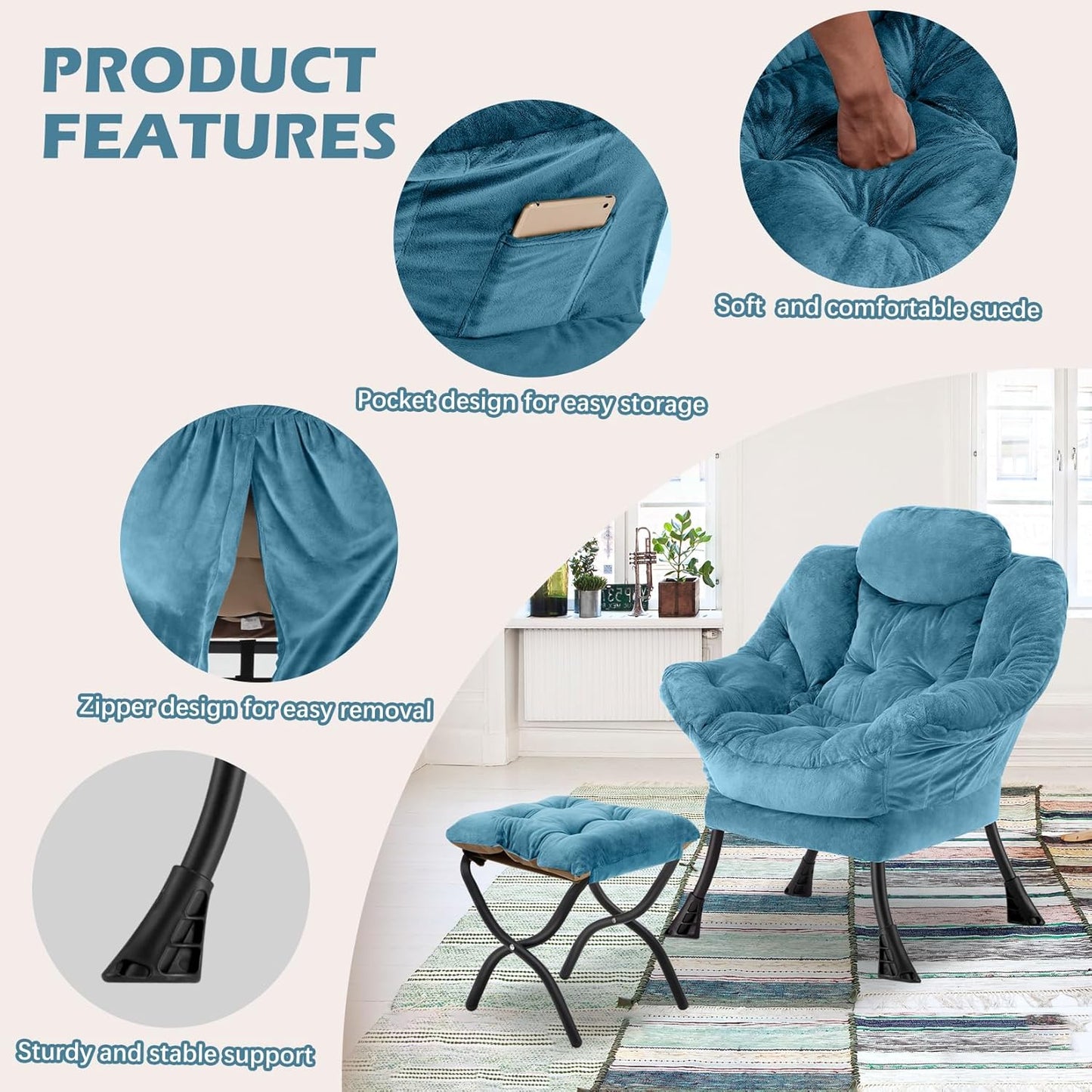 Lazy Chair with Folding Ottoman,Leisure Sofa Chair,Soft Fabric Armchair with Armrests and Side Pockets, Reading Chair with Footrest for Living Room, Bedroom, Office (Plush Blue)