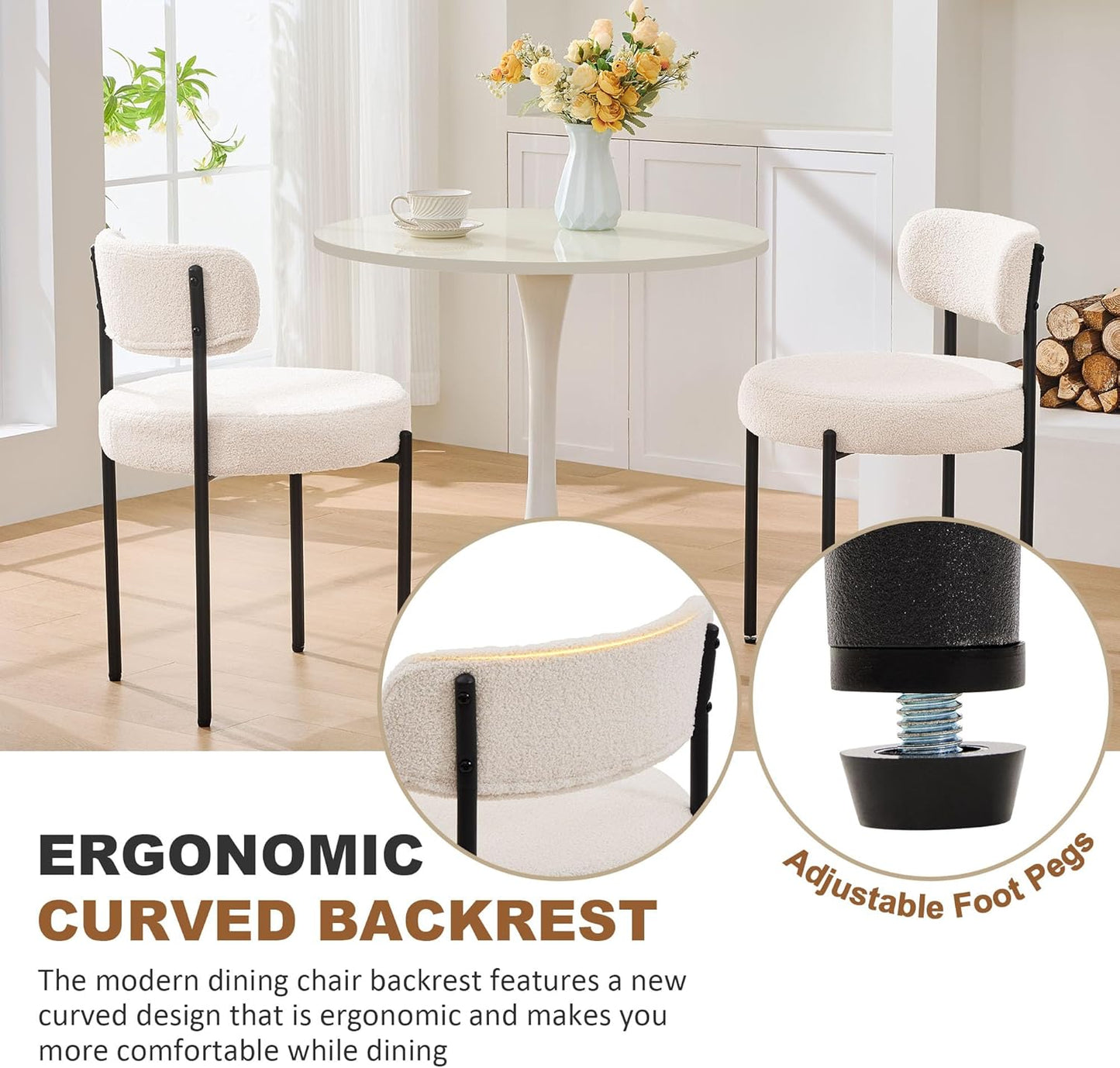 Dining Chairs Set of 6, White Boucle Dining Chair, Curved Backrest Upholstered Dining Room Chairs with Black Metal Legs, Mid Century Modern Dining Chairs for Kitchen, Living Room, White