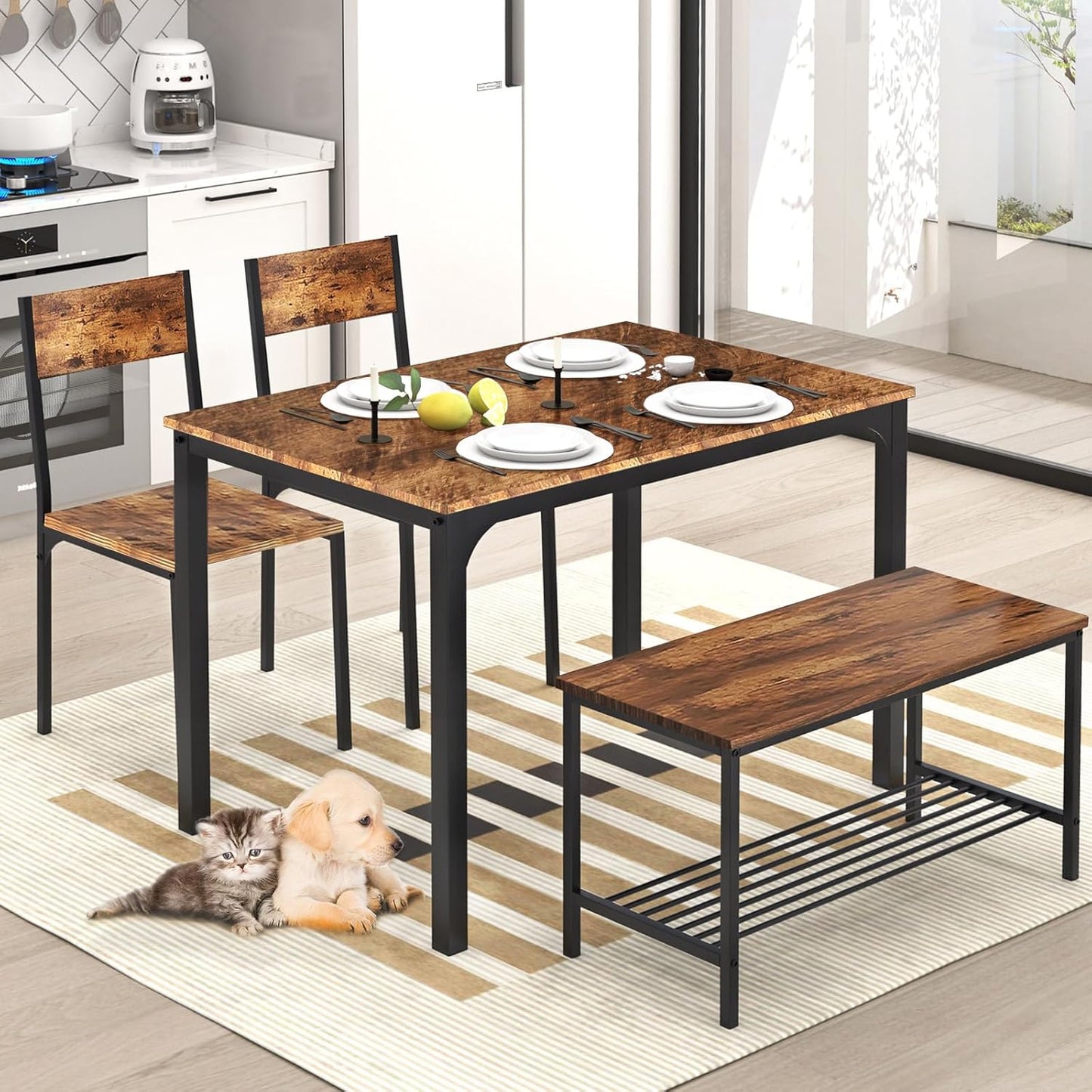 SogesHome Kitchen Table Set for 4, Compact Dining Table Chair Set with Bench, Built-in Storage Racks, Metal Frame, for Apartment, Restaurant, Vintage Brown