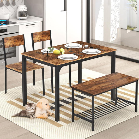 SogesHome Kitchen Table Set for 4, Compact Dining Table Chair Set with Bench, Built-in Storage Racks, Metal Frame, for Apartment, Restaurant, Vintage Brown