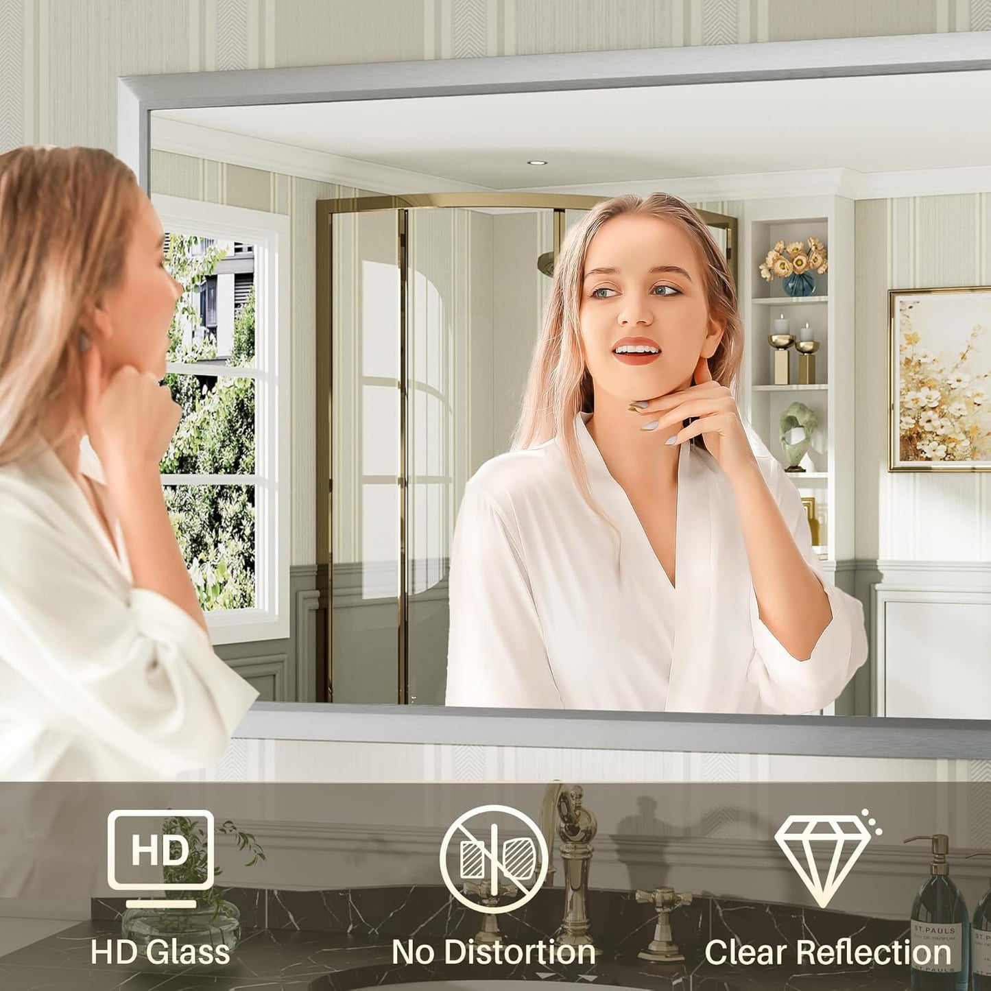 60x40 Inch Silver Bathroom Mirror for Wall, Thick Metal Framed Rectangle Mirrors for Over Sink, Bedroom, Living Room, Entryway, Anti-Rust, HD Tempered Glass