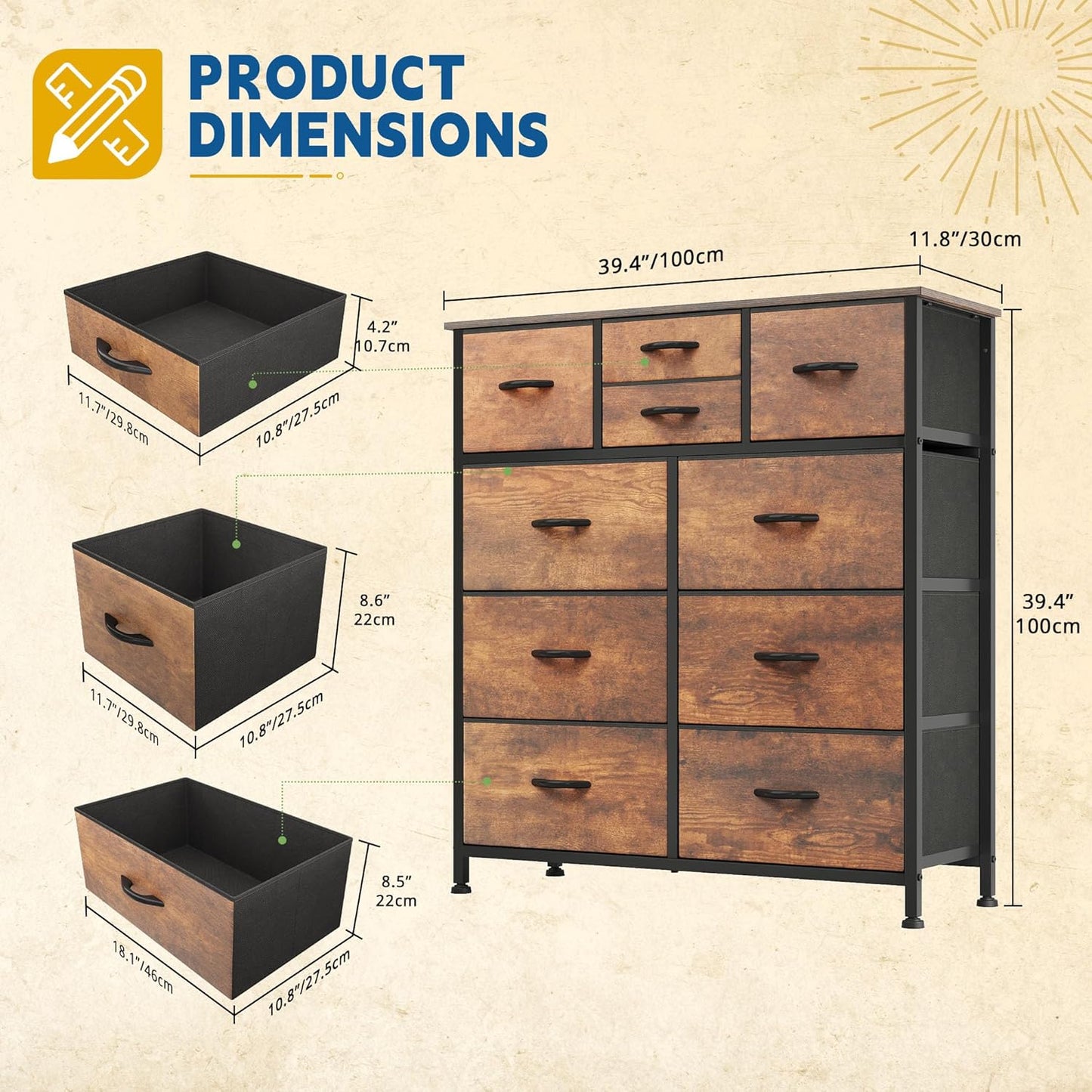 DWVO Dresser with 10 Drawers - Fabric Storage Tower, Organizer Unit for Living Room, Hallway - Sturdy Steel Frame, Wooden Top & Easy Pull Fabric Bins