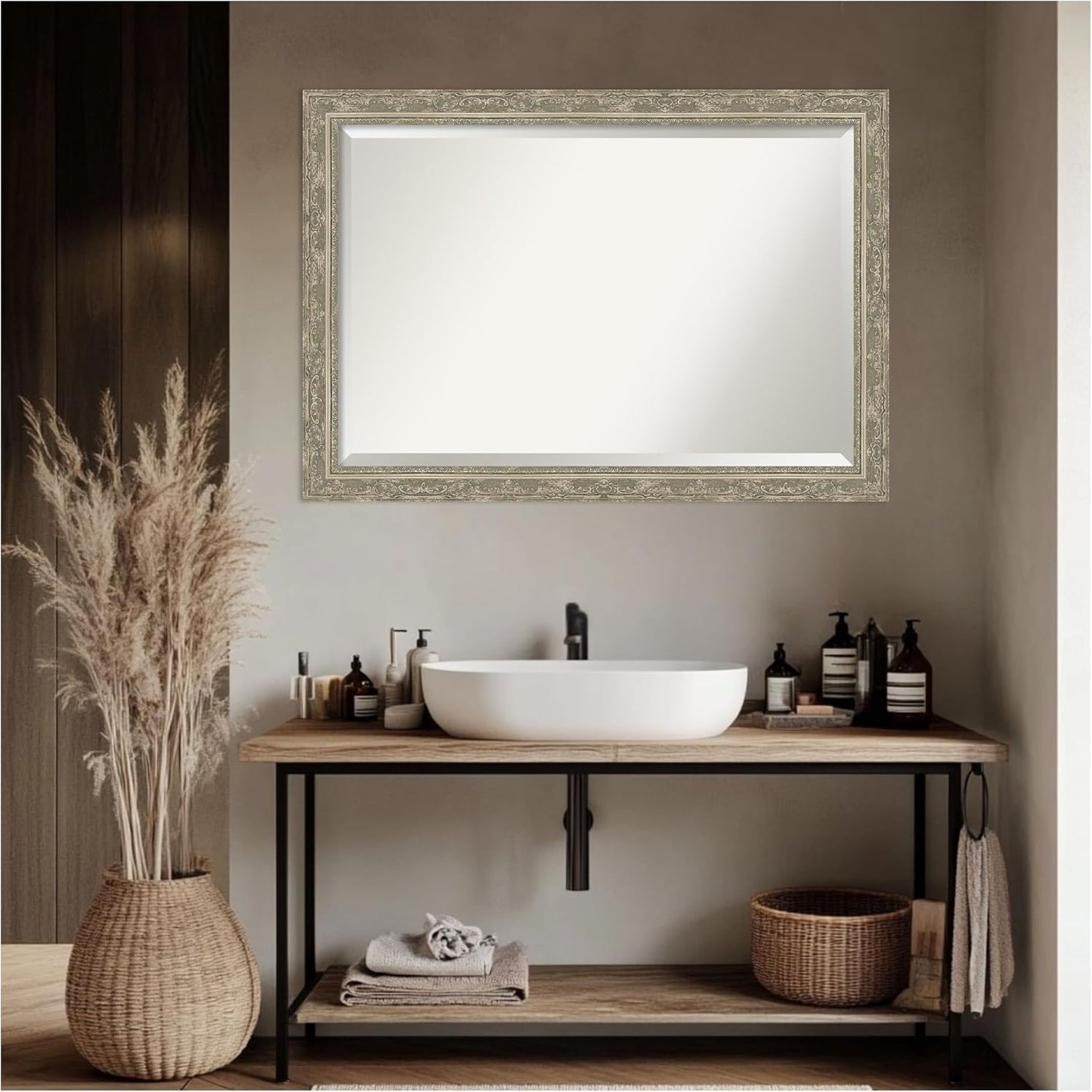 Amanti Art Bathroom Mirror for Over Sink, 29x41 Filigree Silver Rectangle Vanity Mirror, Large Traditional Frame, Hangs Horizonally and Vertically, Bathroom Wall Decor, Beveled Edge