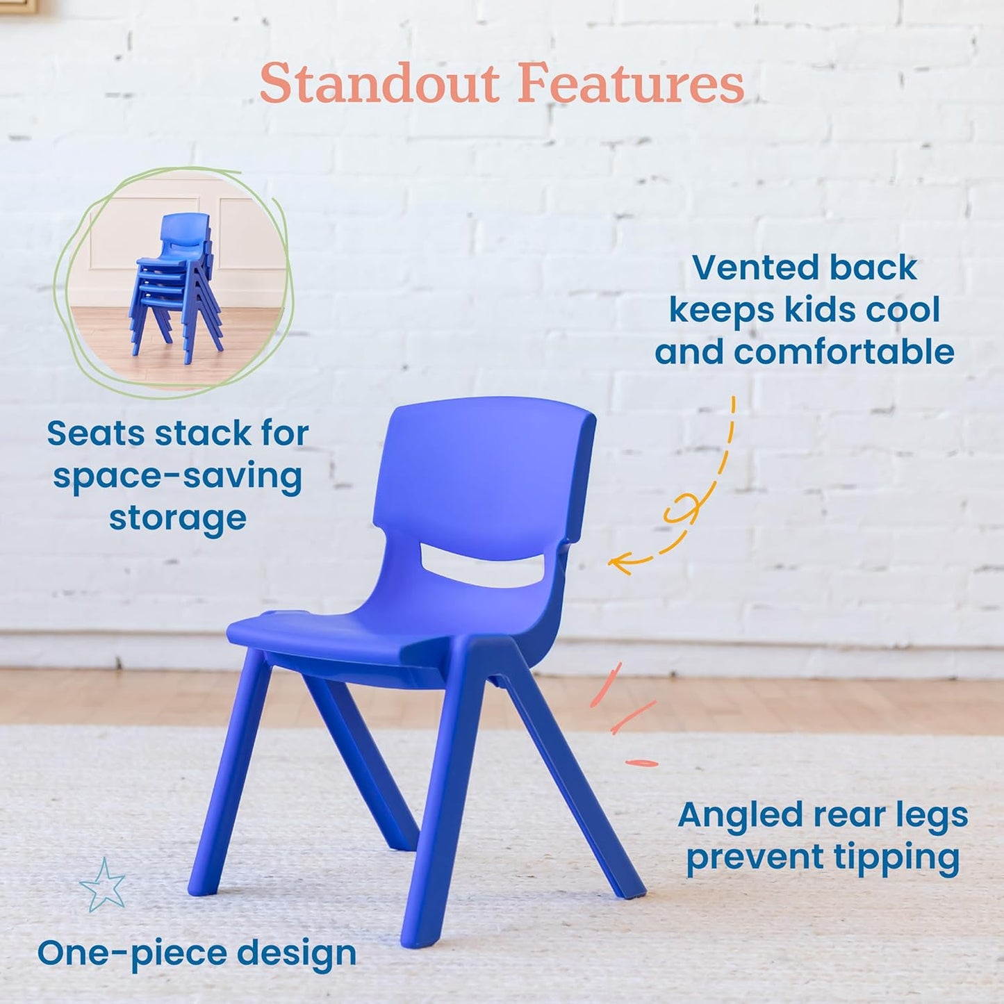 ECR4Kids 12in Plastic School Stack Chair, Classroom Furniture, Blue, 4-Pack