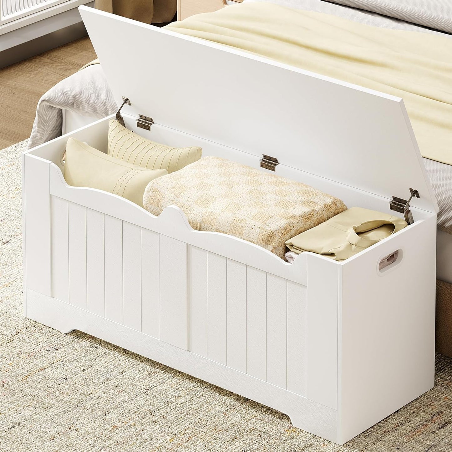 43.3" Storage Chest, Extra Large Storage Trunk with 2 Safety Hinges, Lift-Top Bench Box, Wooden Chest Organizer, Shoe Bench for Entryway, Bedroom, Living Room, White SB25503X