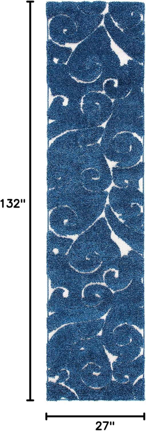 SAFAVIEH Florida Shag Collection Runner Rug - 2'3" x 11', Dark Blue & Cream, Scroll Design, Non-Shedding & Easy Care, 1.2-inch Thick Ideal for High Traffic Areas in Living Room, Bedroom (SG455-6511)
