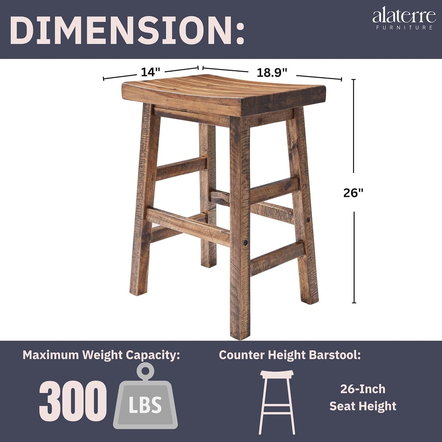 Alaterre Furniture Durango 26-Inch Tall Industrial Wood Counter-Height Stool Bar Stool, Kitchen, Seating, Vintage-Style Saddle Seat, Comfort, Rustic Industrial, Light or Dark Tone Lacquer Finish