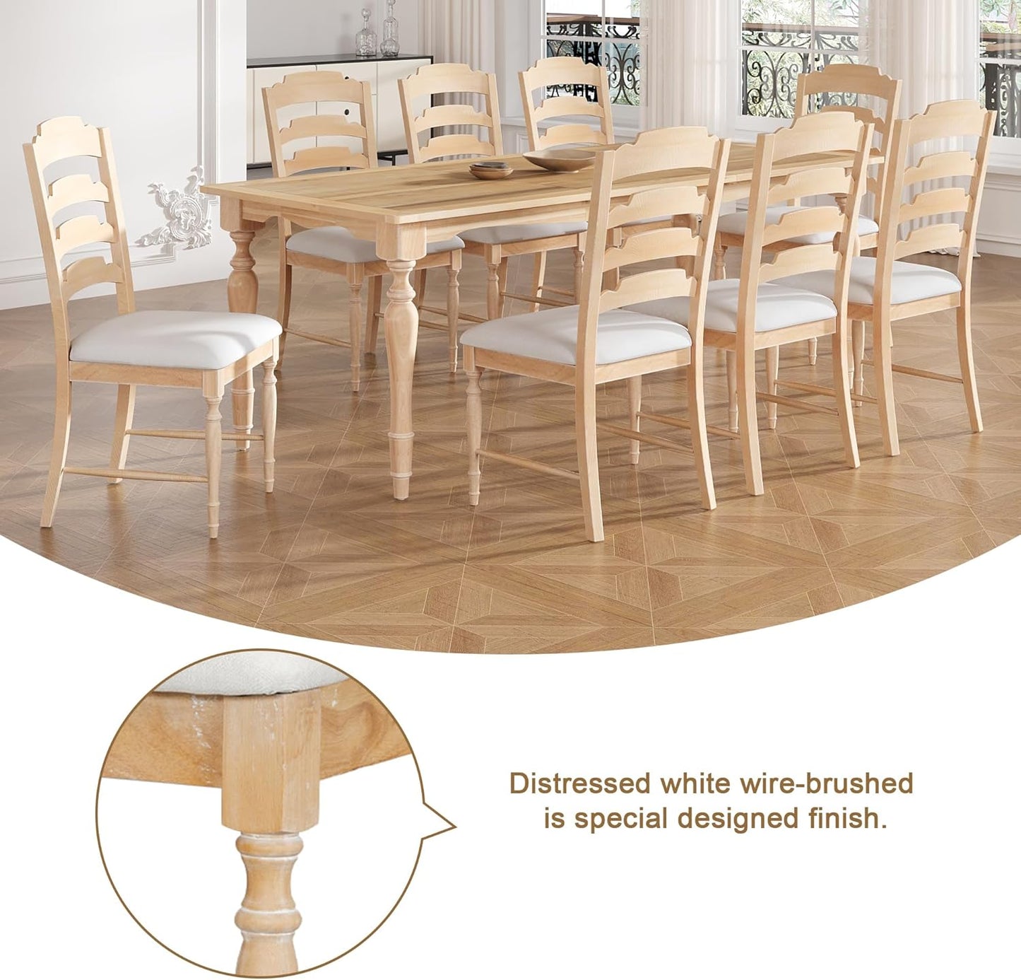 Ball & Cast 9-Piece 82.7inch Extendable Dining Table Set with 23.6inch Removable Leaf and 8 Upholstered Dining Chairs,Vintage Traditional Wood Kitchen Sets for 8,Family Gatherings,Natural