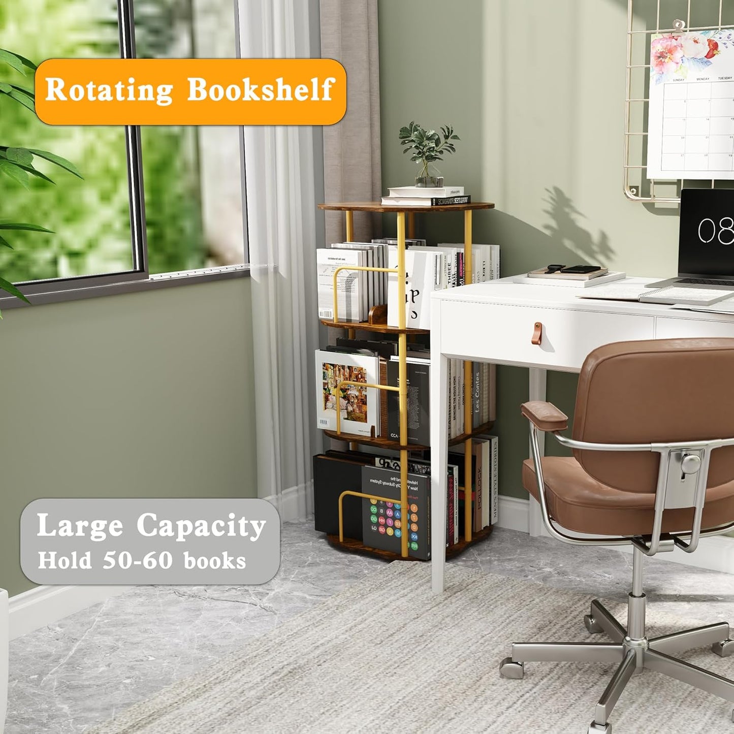 3-Tier Rotating Bookshelf, 360 ° Display Stackable Spinning Bookshelf Tower, Narrow Space Saving Tall Floor Standing Swivel Bookcase Corner Organizer for Bedroom, Living Room, Gold