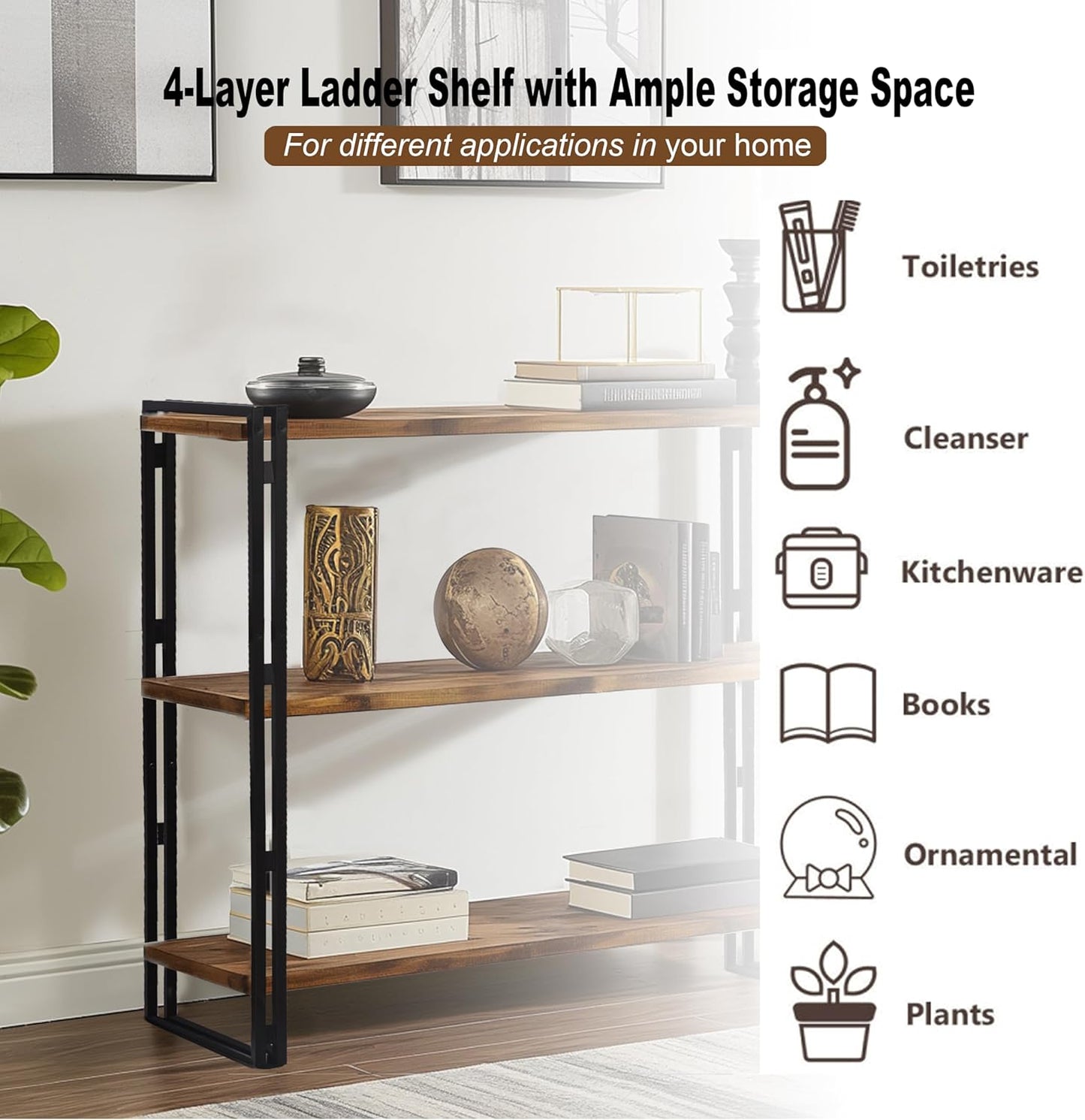 47" 3-Tier Bookshelf Rustic Wood and Metal Industrial Bookshelf for Home Office, Bedroom, Kitchen, Bathroom (Rustic Brown, 3-Tier)