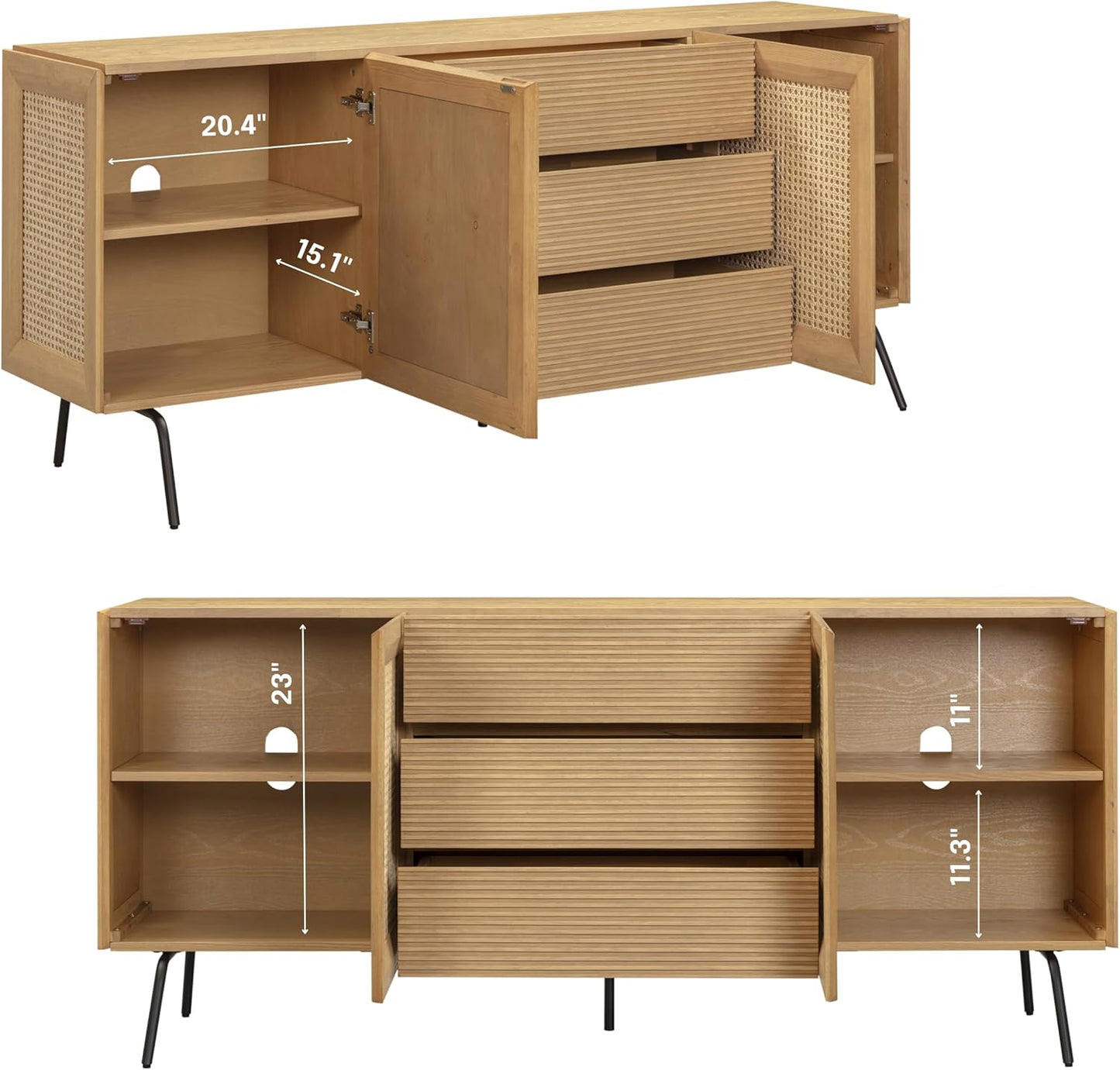 NTC MOSSIC Modern Sideboard with 4 Doors, Natural Rattan Storage Cabinet, Buffet with Metal Legs, Boho Accent Cabinet for Living Room, and Entryway, Effortless Assembly, Sand