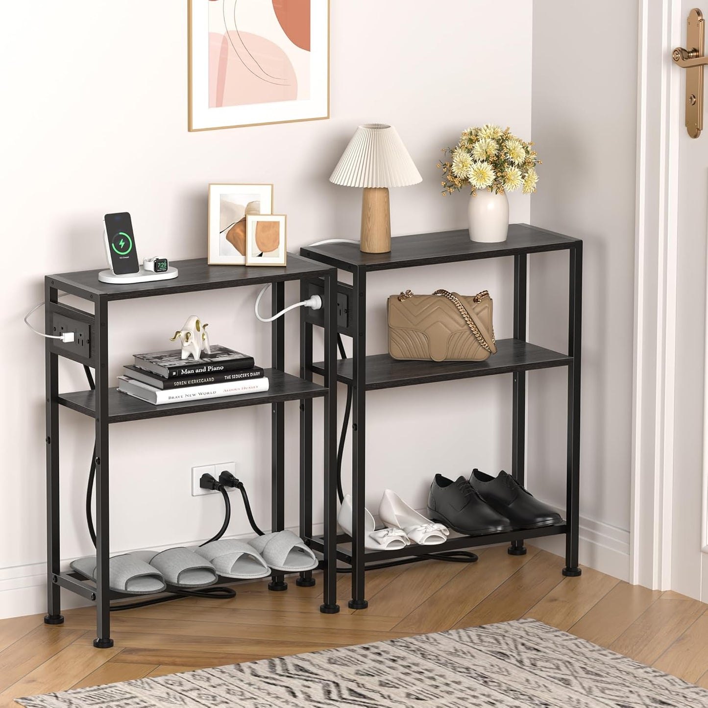 Small Narrow Side Table with Charging Station, Skinny End Table for Small Spaces, Slim Nightstand with Outlets, Sofa Bedside Table in Living Room, Bedroom, Study, Kitchen and Balcony(Grey)