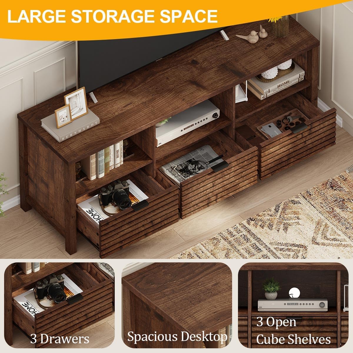 BON AUGURE Fluted TV Stand for 65/55/50 Inch TVs, Brown Modern Entertainment Center with Storage Drawers and Shelves, Wood Television Media Console Cabinet for Living Room,Bedroom (Rustic Oak)