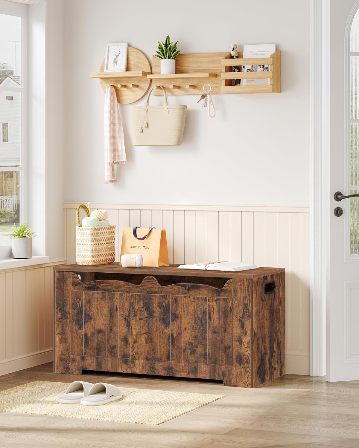 39.4" Storage Chest, Storage Bench Trunk with 2 Safety Hinge, Wooden Box, Lift-Top Chest Organizer, Shoe Bench for Entryway, Bedroom, Living Room, Rustic Brown SB01001X