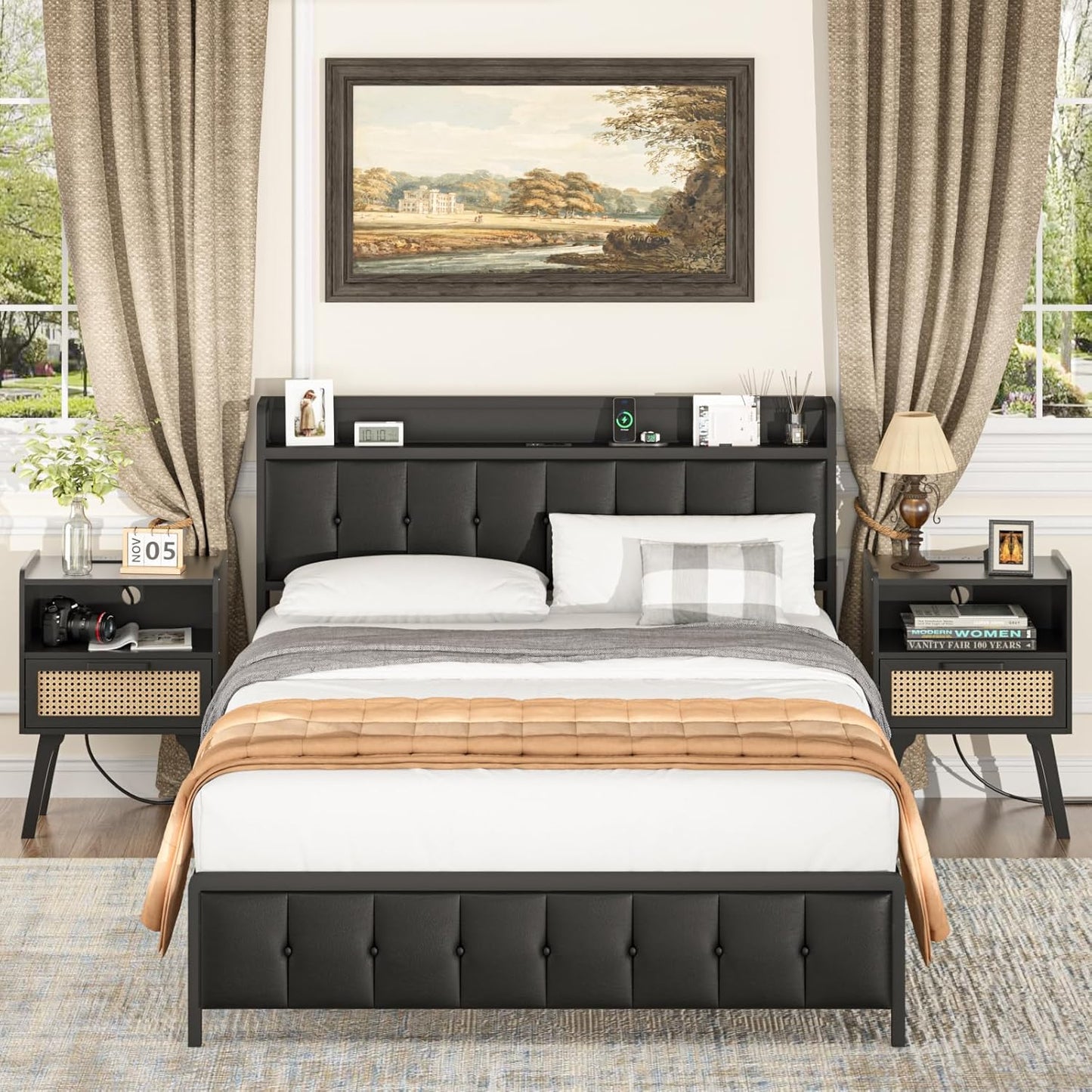 Lerliuo Rattan Nightstands Set of 2 with Charging Station, Black Bedside Table with Drawer Open Shelf, Cane Accent Side End Table with Solid Wood Legs, Night Stand for Bedroom, Dorm and Small Spaces