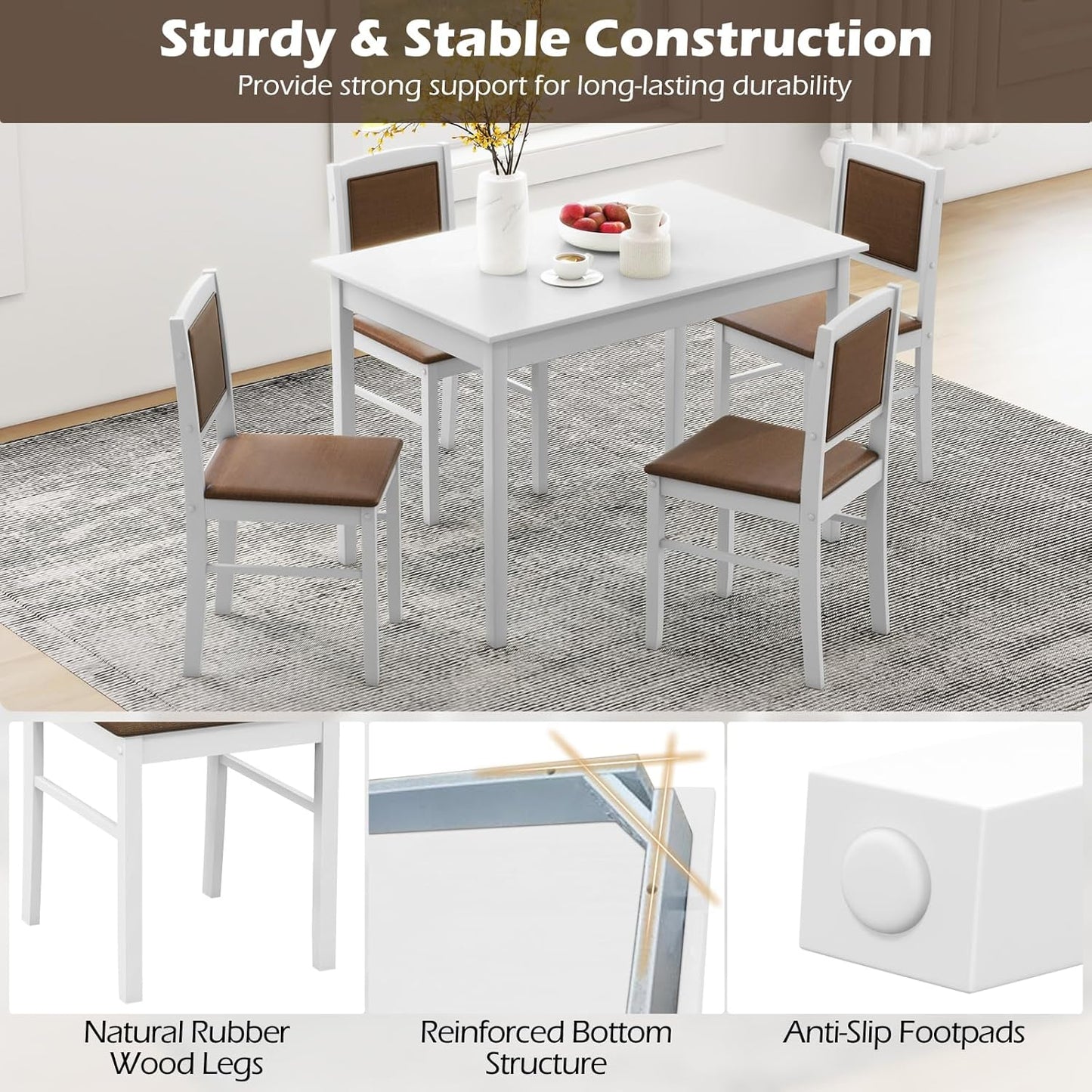 Giantex 5-Piece Dining Table Set for 4 - Breakfast Nook Table Set with Kitchen Table, 4 Upholstered Chairs, Wood Legs, Space-Saving Dinette Set, Kitchen Table Chairs Set of 4 (White+Brown)