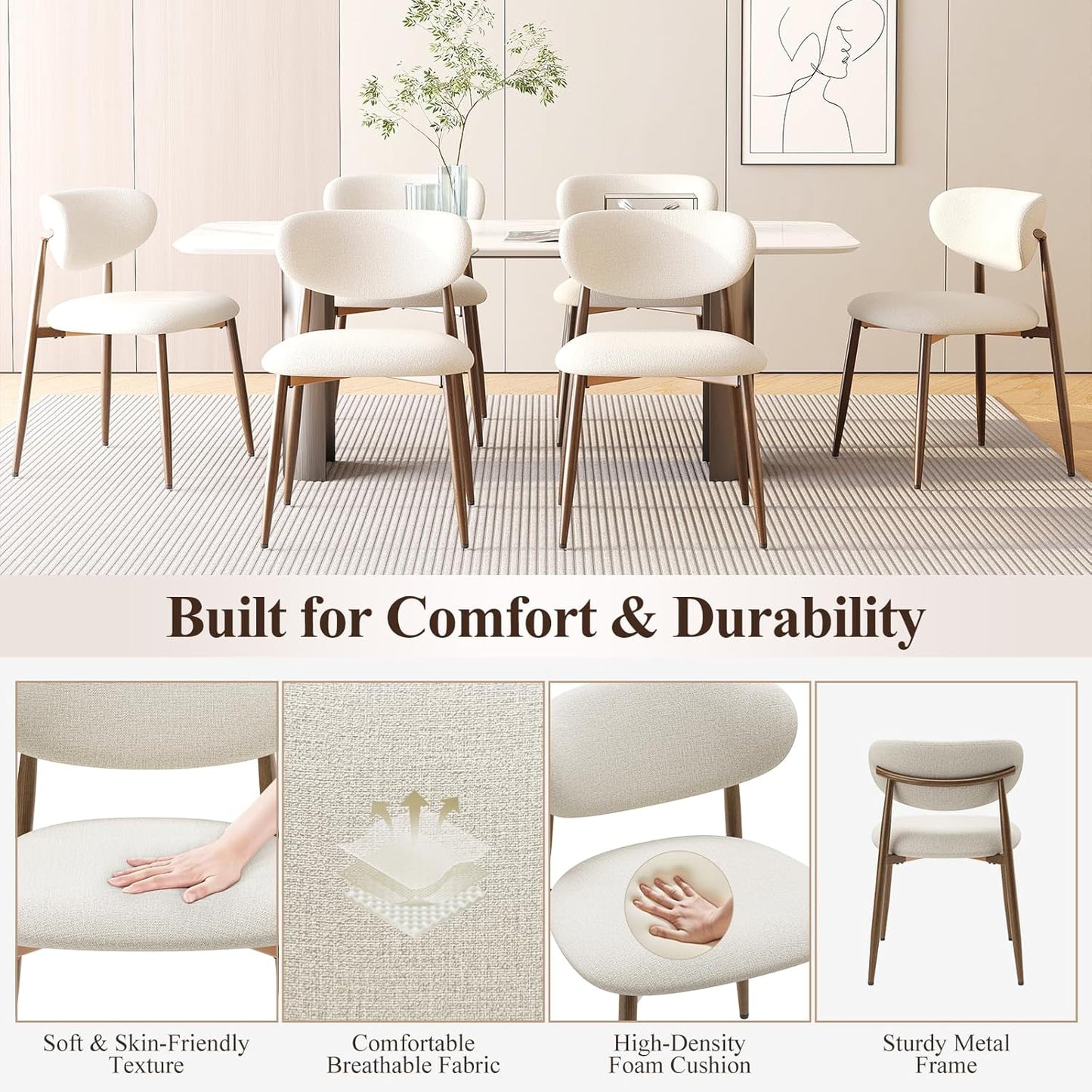 Dining Chairs Set of 2, Ergonomic Fabric Upholstered Seating with Wood Look Metal Legs and Anti Slip Pads, for Home and Restaurant Use, Beige