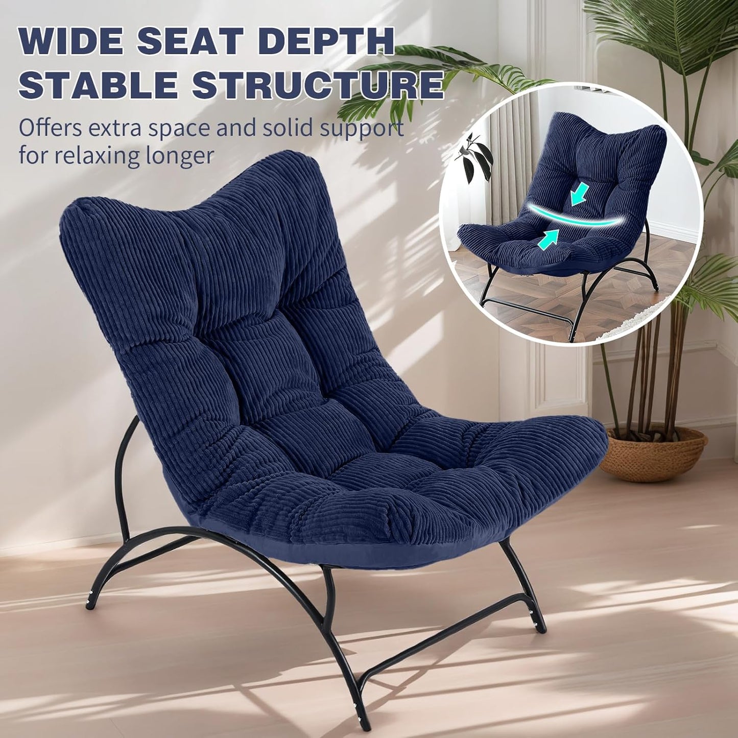 Welnow Accent Lounge Lazy Chair, Comfy Soft Leisure Metal Frame Reading Chair, Upholstered Thick Cushion Seated Recliner Sofa for Living Room, Bedroom, Dorm, Navy