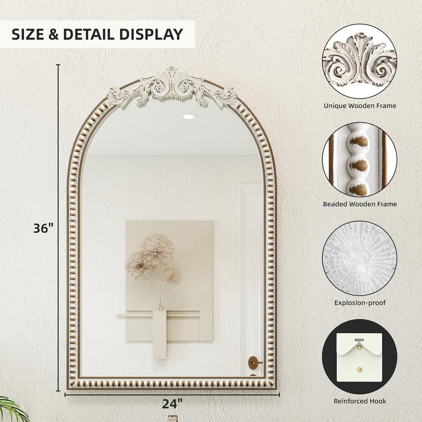 24''x36'' Arched Wall Mirror with Beads Wooden, Vintage Baroque Decorative Arch Mirrors for Entryway, Fireplace, Living Room, Hallway, Bathroom Boho Accent