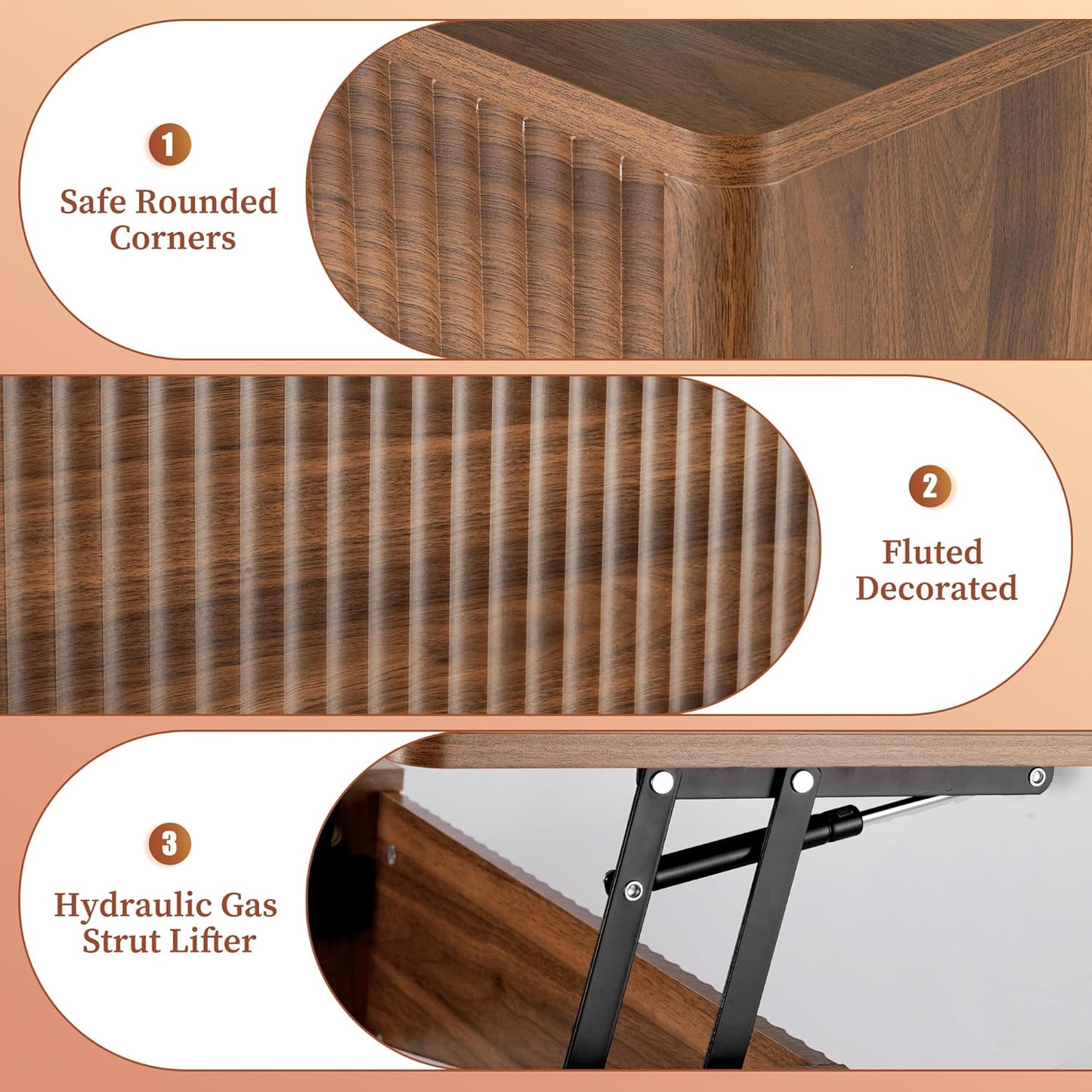 LYNCOHOME Fluted Lift Top Coffee Table with Hidden Compartment, Modern Center Table for Living Room, Home Office（Walnut）