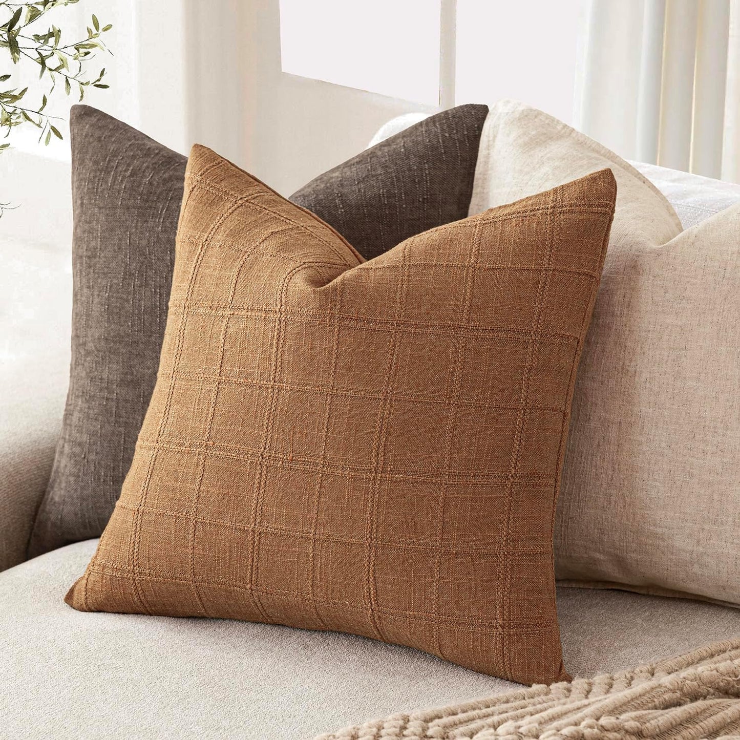 Foindtower Set of 2 Decorative Linen Check Throw Pillow Covers Neutral Farmhouse Vintage Cushion Covers Modern Boho Home Decor for Sofa Chair Couch Bedroom Living Room Outdoor,16×16 Inch,Brick