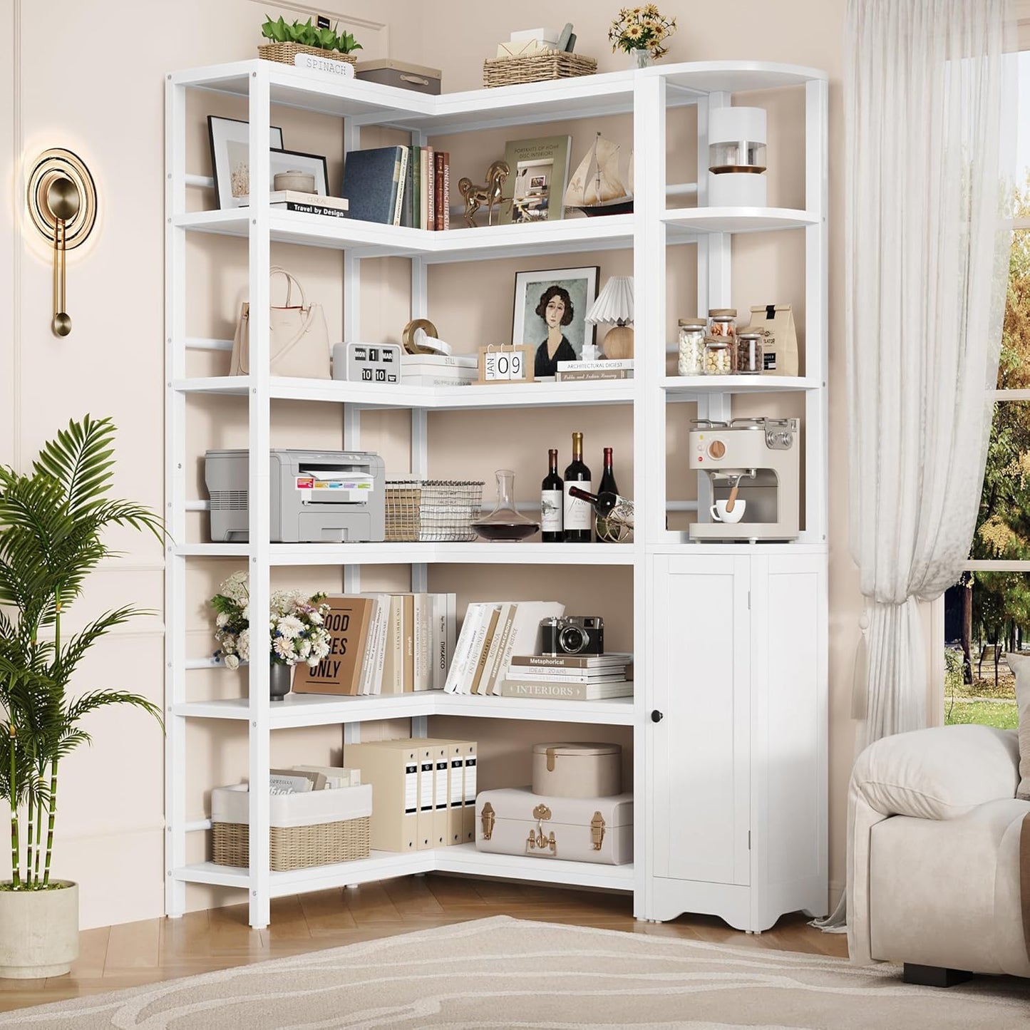 Keyluv 72" Tall Corner Bookshelf with Door, 6-Tier L Shaped Bookshelves and Bookcase with Storage Cabinet, 2 Pieces Individual Convertible Book Shelf, Display Shelf for Home Office Living Room, White