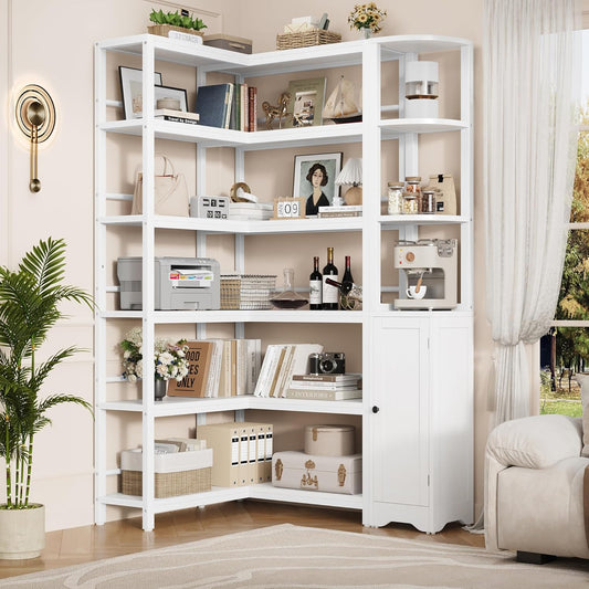 Keyluv 72" Tall Corner Bookshelf with Door, 6-Tier L Shaped Bookshelves and Bookcase with Storage Cabinet, 2 Pieces Individual Convertible Book Shelf, Display Shelf for Home Office Living Room, White