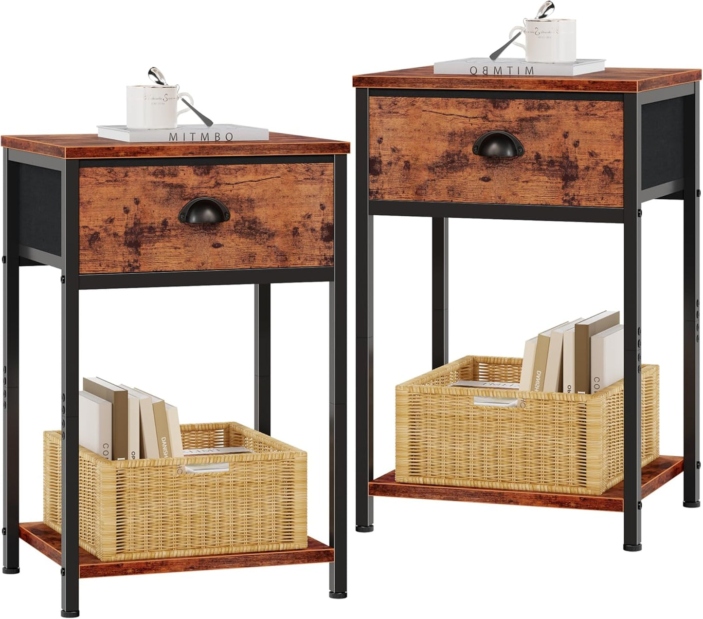 Furologee Nightstands Set of 2, Industrial End Table with Fabric Drawer and Storage Shelf, Retro Bedside Tables Organizer, Side Table for Living Room Bedroom, Rustic Brown