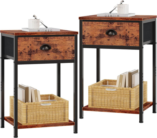 Furologee Nightstands Set of 2, Industrial End Table with Fabric Drawer and Storage Shelf, Retro Bedside Tables Organizer, Side Table for Living Room Bedroom, Rustic Brown