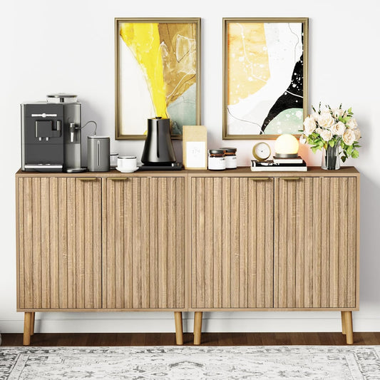 Pamapic Fluted Storage Cabinet, Sideboard Buffet Cabinet with Storage, Wood Credenza with Adjustable Shelves, Modern Accent Cabinet for Living Room, Kitchen, Entryway, Natural(2, Oak)