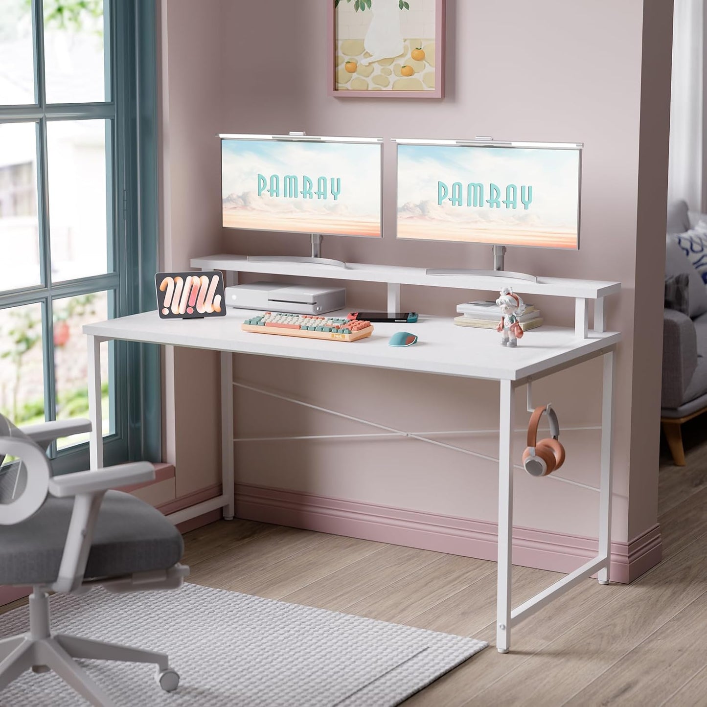 Pamray 47 Inch Small Computer Desk with Monitor Stand, Simple Office Desk with Headphone Hook for Small Spaces, Kids Study Writing Table for Bedroom, White