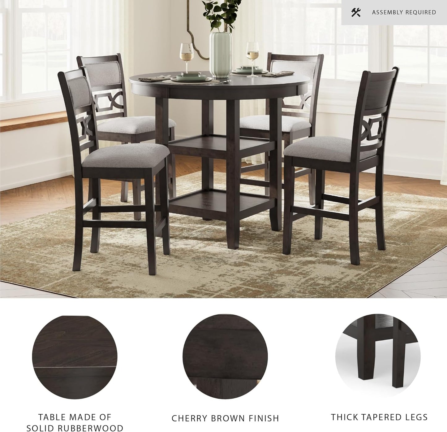 Signature Design by Ashley Langwest Transitional Diamond Patterned Counter Height Dining Table and 4 Upholstered Bar Stools, Set of 5, Dark Brown & Beige