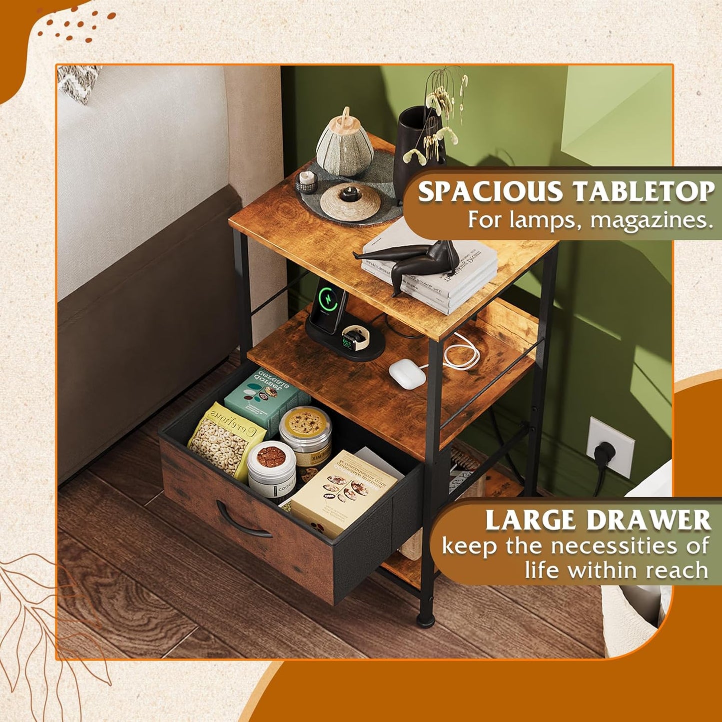 WLIVE Night Stand with Charger Station, LED Nightstand with Adjustable Fabric Drawer, 3-Tier Storage Bedside Table, Small End Side Tables for Bedroom, Rustic Brown