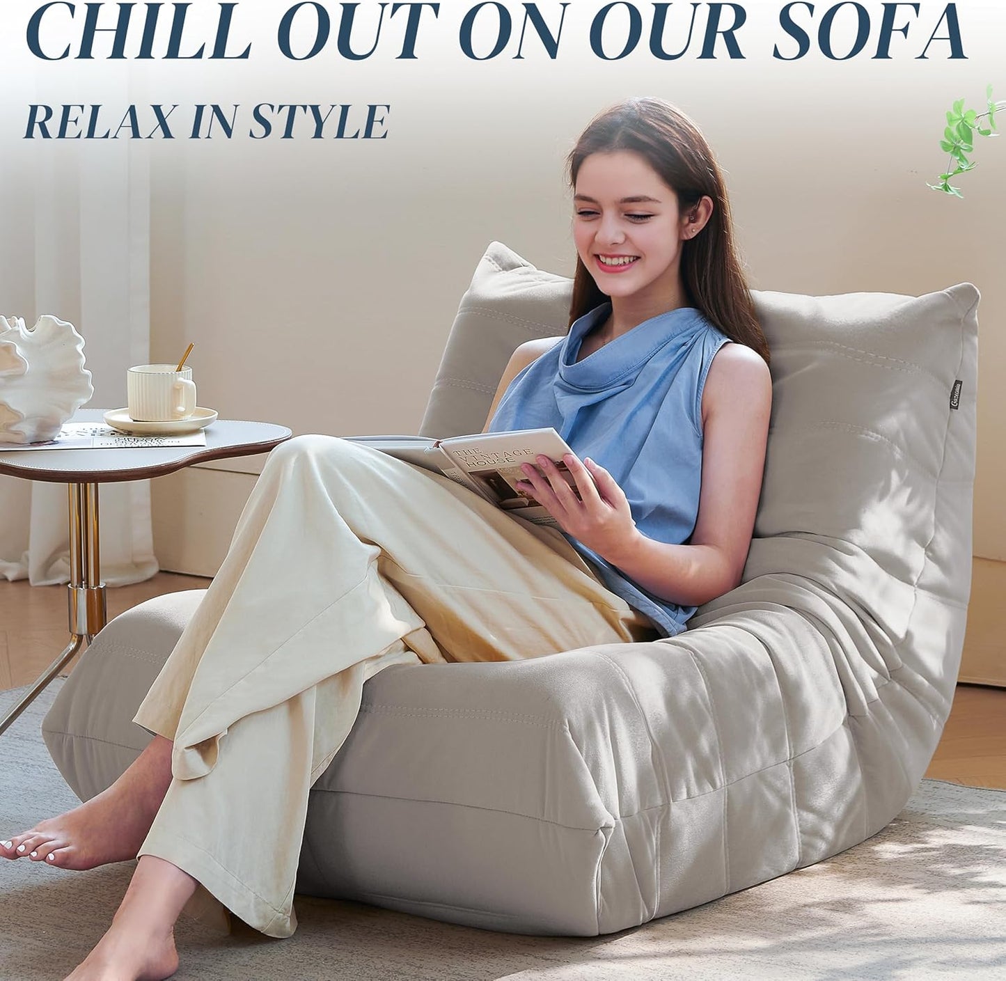 Bean Bag Chair, Fireside Chair Bean Bag Sofa for Adults, Bean Bag Chairs for Teens with High-Resilience Foam, Memory Foam & Non-Slip Base Bean Bag for Living Room, Bedroom, Office (Suede, Light Gray)