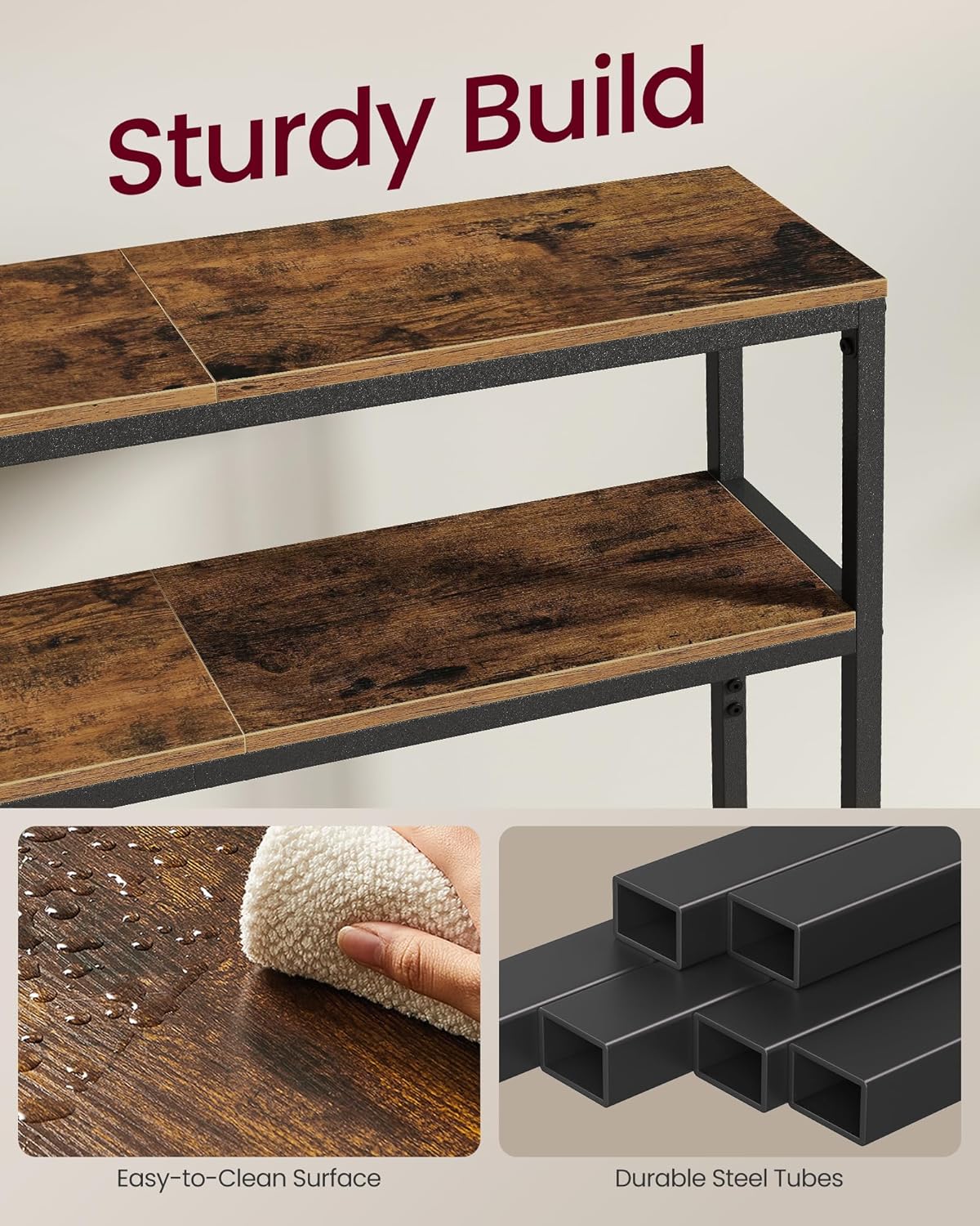 VASAGLE Console Table, 2-Tier Narrow Sofa Table with 2 Shelves, 7.9 x 39.4 x 31.5 Inches, for Living Room, Hallway, Entryway, Rustic Brown and Ink Black ULNT131K01V1