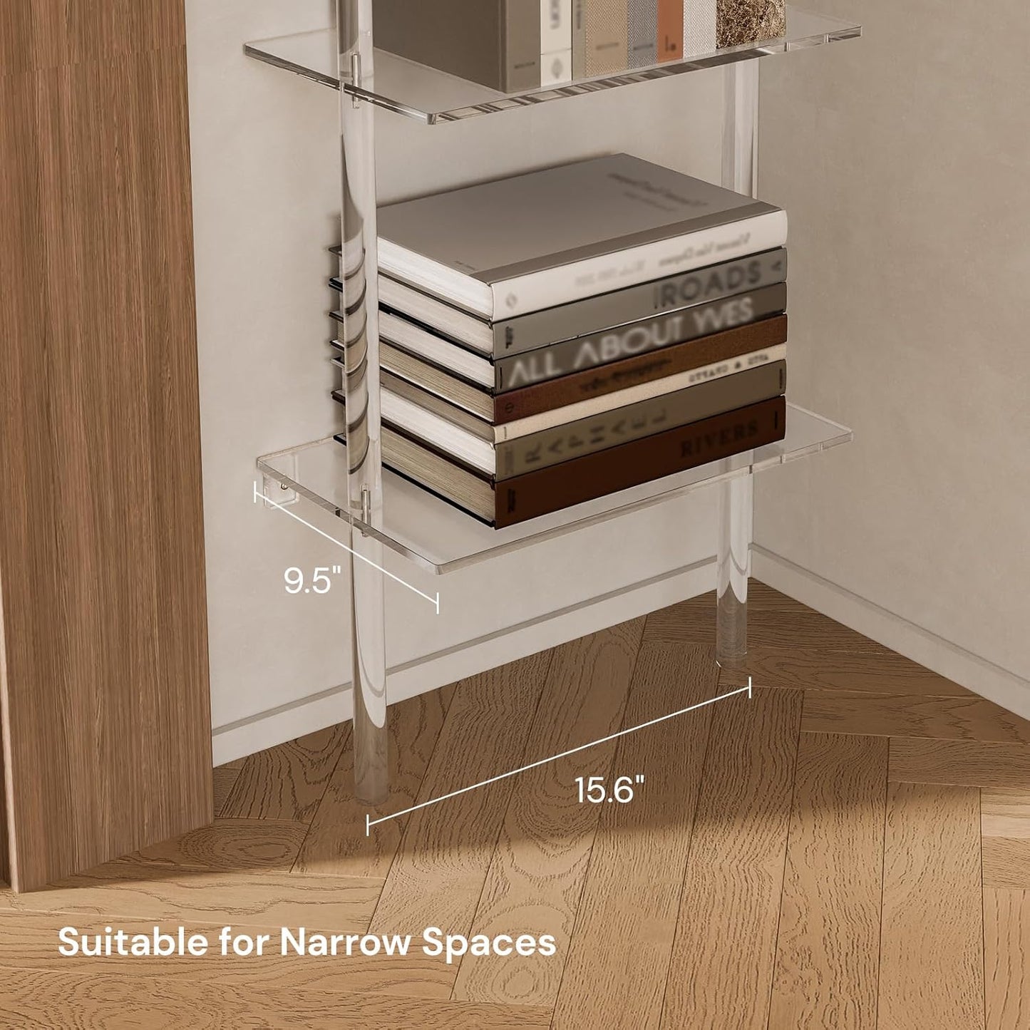 Small Acrylic Ladder Bookshelf, 9.5" D x 15.6" W, 4-Tier Clear Wall Mounted Book Shelf for Small Spaces, Multipurpose Bookcase for Living Room, Bathroom, Office, Modern, 59" H