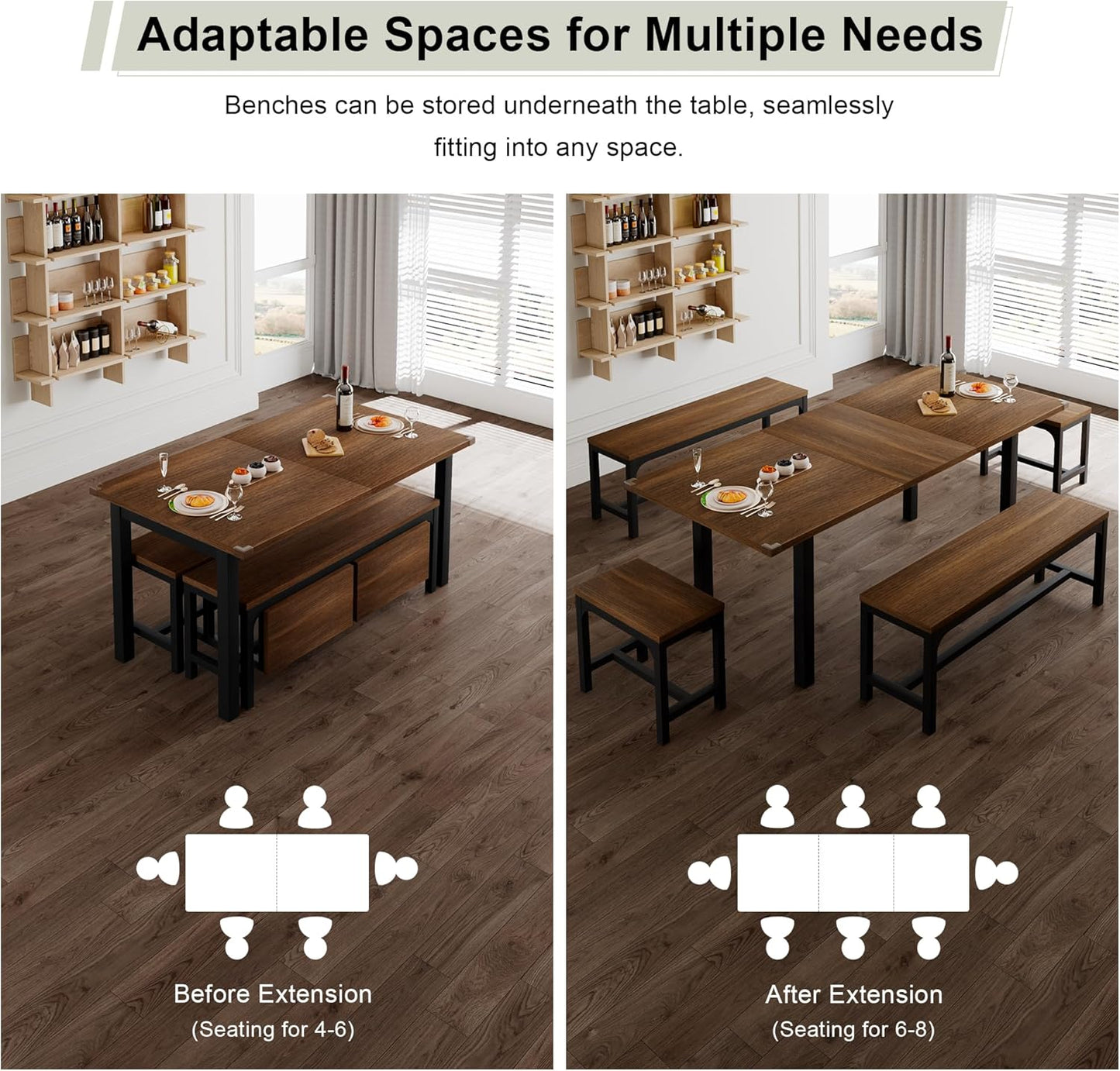 Feonase 5-Piece Dining Table Set for 4-8 People, 63" Extendable Kitchen Table with 2 Benches and 2 Square Stools, Mid-Century Modern Wooden Dining Room Table, Space-Saving, Walnut