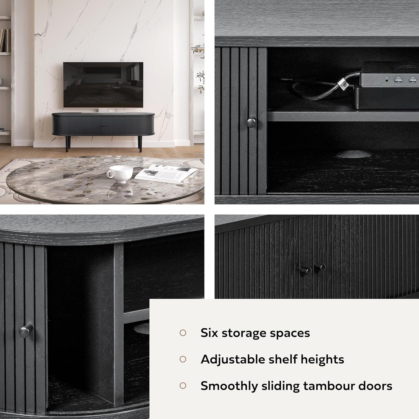 WERMO 55’’ Black TV Stand with Storage and Shelves for 32-60 Inch TVs. Black Entertainment Center with Doors for Living Room and Bedroom, Mid Century Modern Console Table, Media Cabinet (Black Oak)