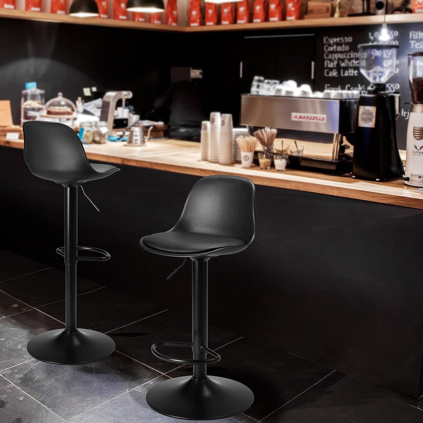 Finnhomy Bar Stools Set of 2, Swivel Barstools with Footrest and Ergonomic PP Back, Counter Height Adjustable Modern Counter Stools for Kitchen, Black