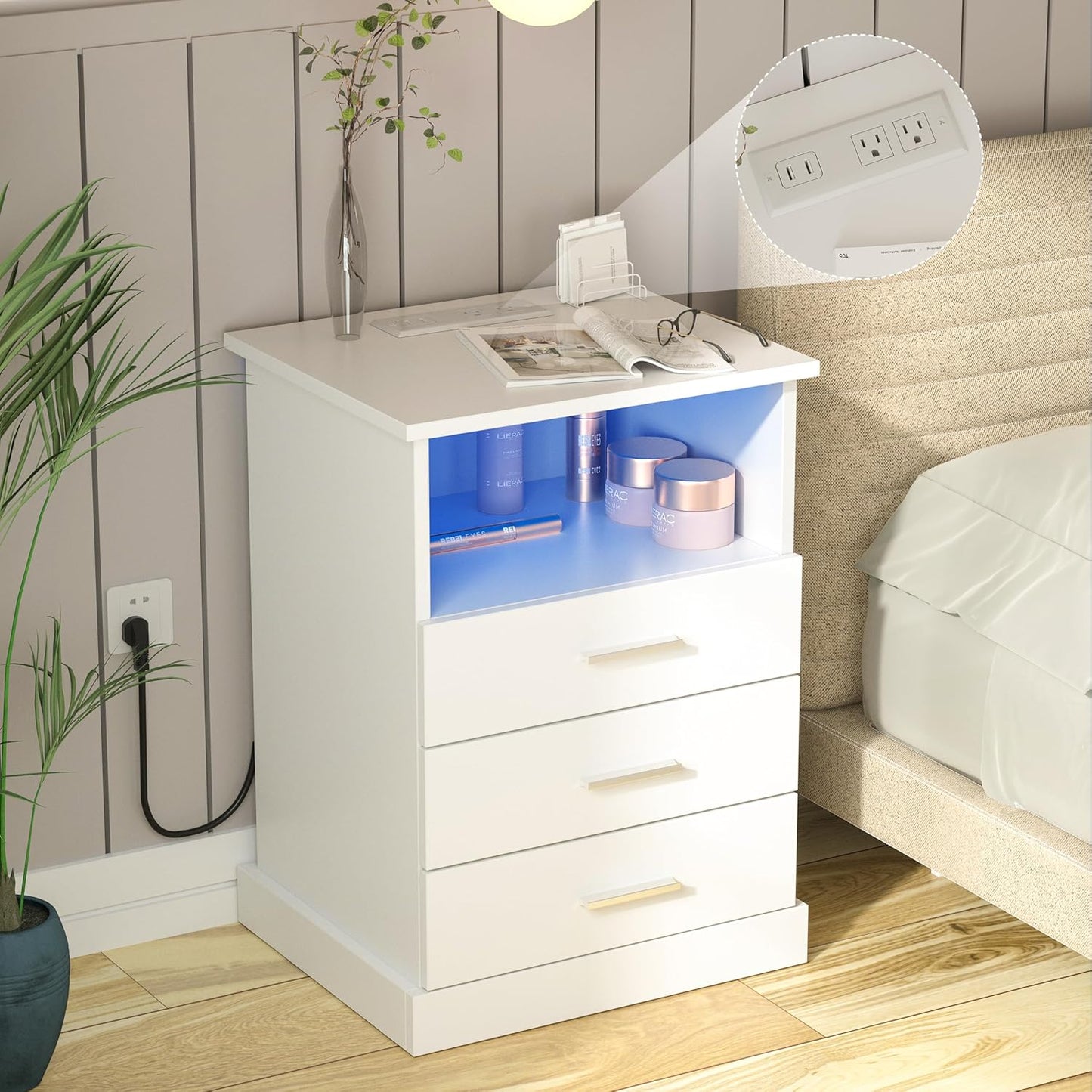 Nightstand with Charging Station, LED Lights Side Table with 3 Drawers, End Table for Bedroom Office White
