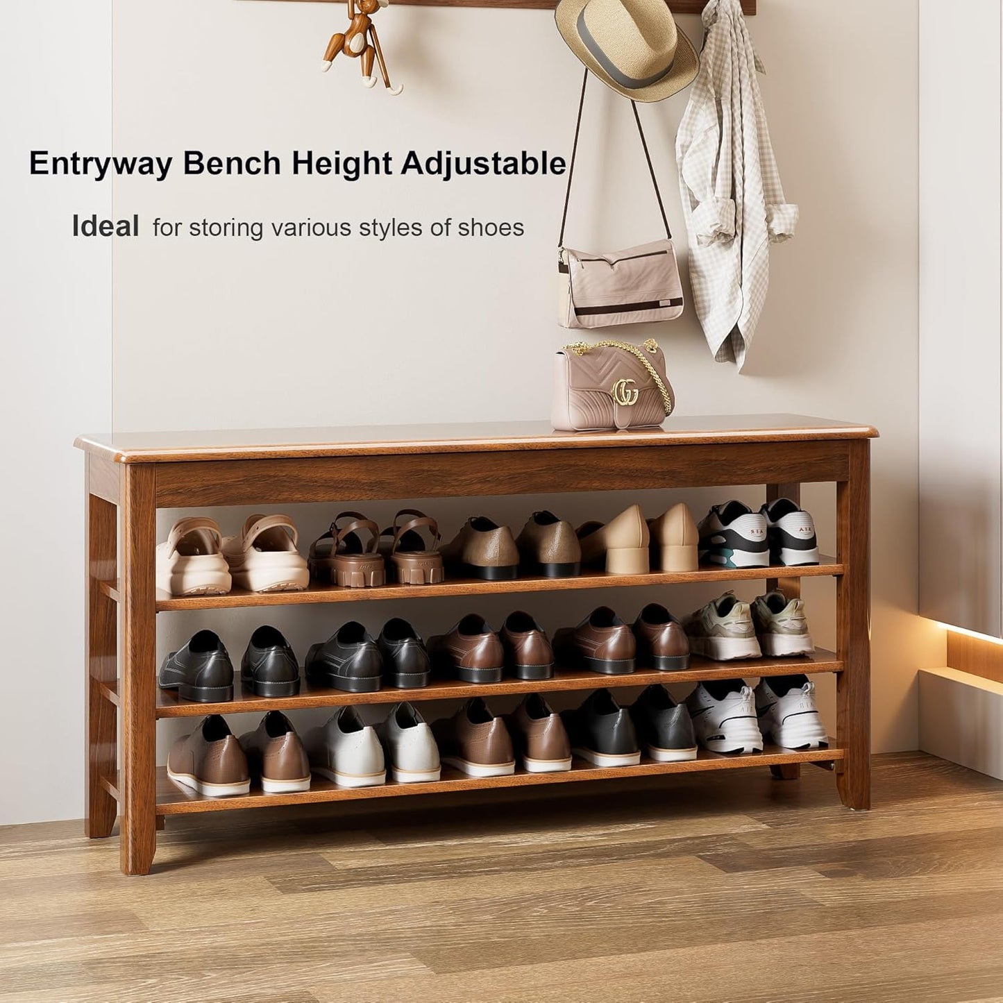 Shoe Storage Bench for Entryway - 4 Tier Shoe Rack for Front Door Entrance, Rubberwood Shoes Rack Height Adjustable, Entryway Bench with Shoes Storage for Any Room (Walnut, 47.2" W)