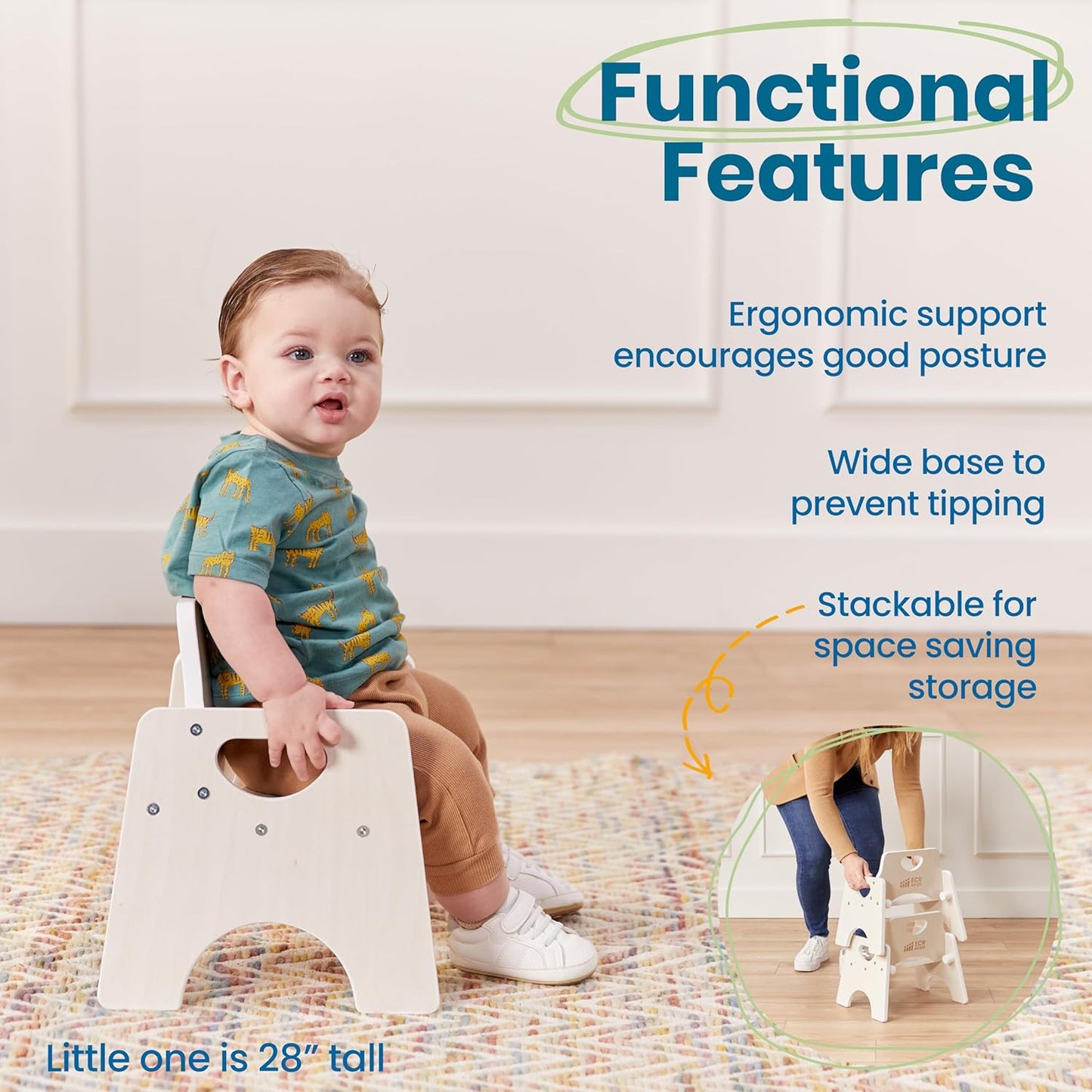 ECR4Kids Stackable Wooden Toddler Chair, 6in, Kids Furniture, White Wash, 2-Pack