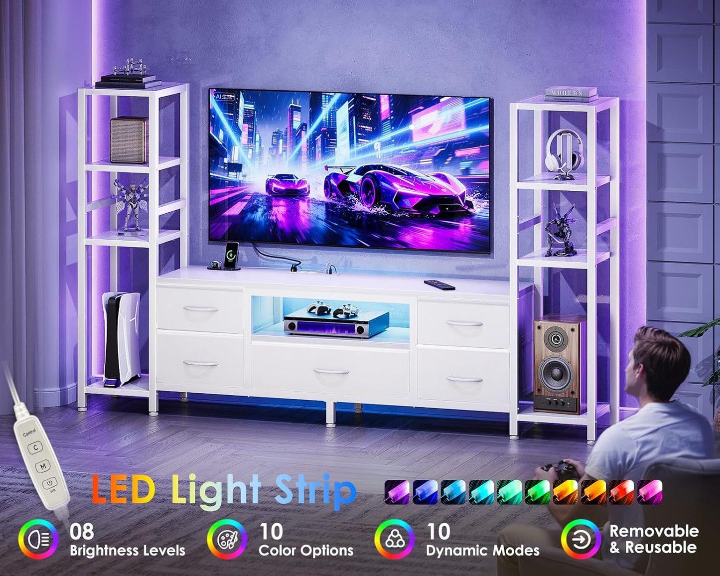 Casaottima 71" TV Stands for 43, 50, 55 Inch TV Entertainment Center with LED Lights and Power Outlets, TV Stand for Living Room with 5 Fabric Drawers & Shelf, TV Console Cabinet for Bedroom, White