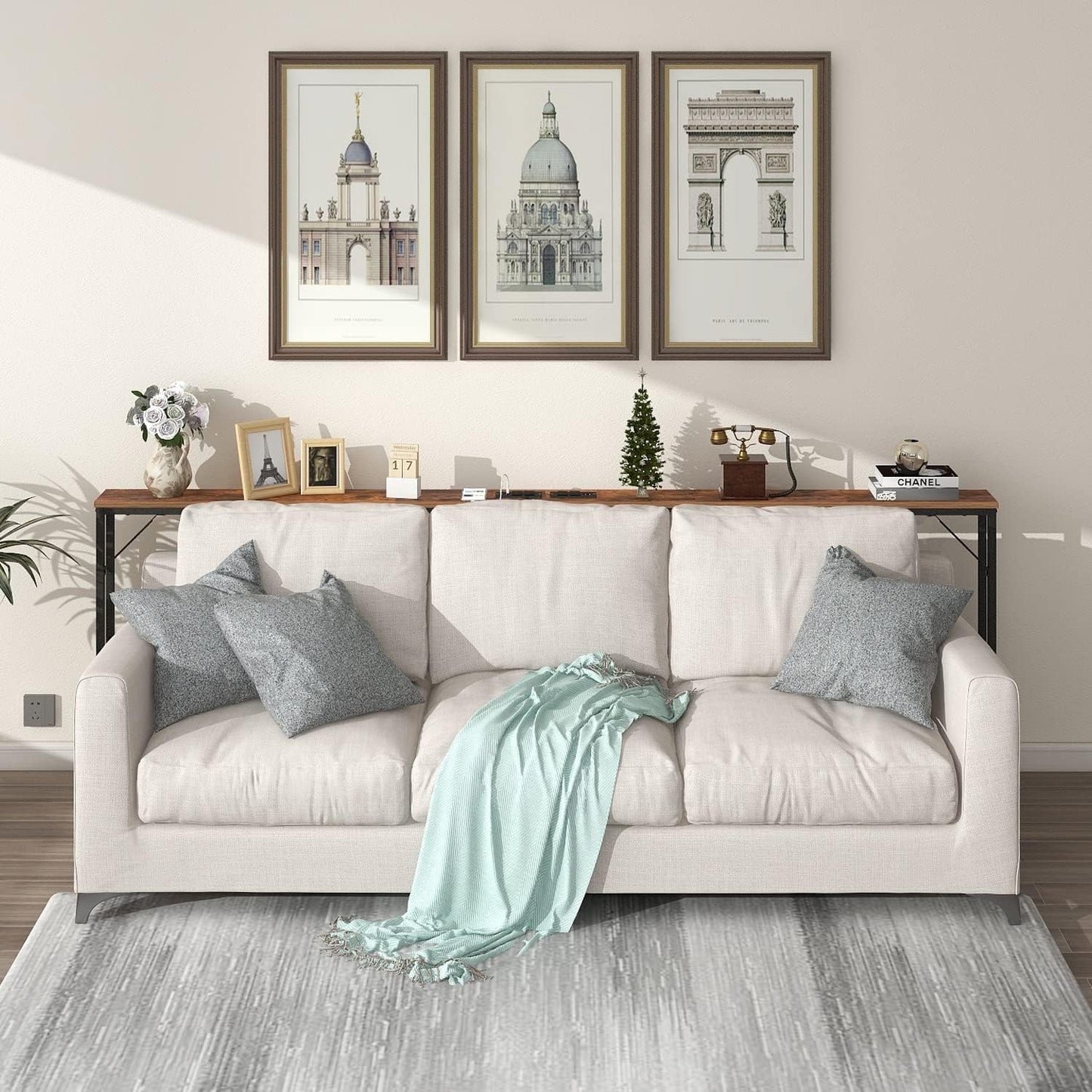 Tohomeor Skinny 5.9" Console Table 47.24" Narrow Long Sofa Table with Power Outlets USB Ports Industrial Wooden Entry Table for Entryway Living Room Hallway (Brown, L-94.4xW-5.91)