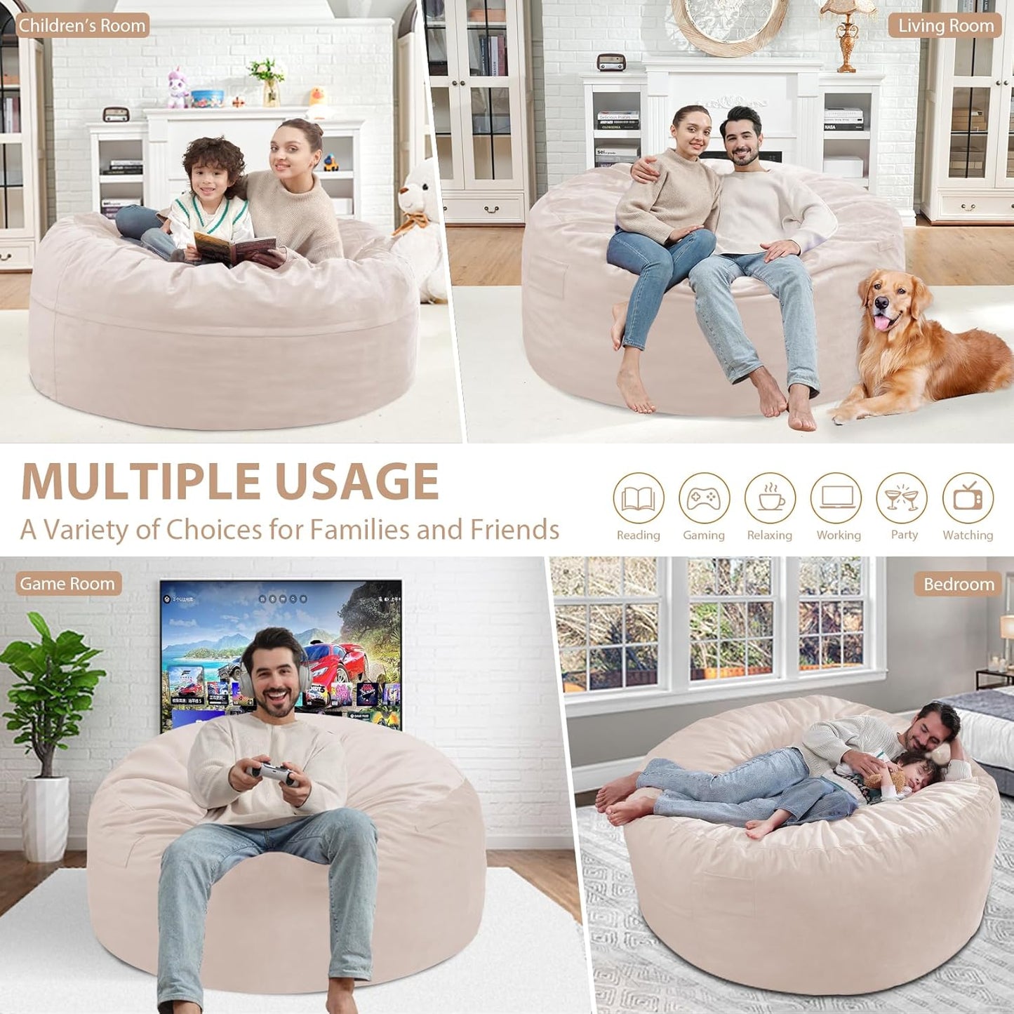 4FT Bean Bag Chair, Large Bean Bag Chairs with Memory Foam Filled, Fluffy Beanbag Sofa with Dutch Velvet Cover, Round BeanBag Chairs for Living Room, Playroom - Beige