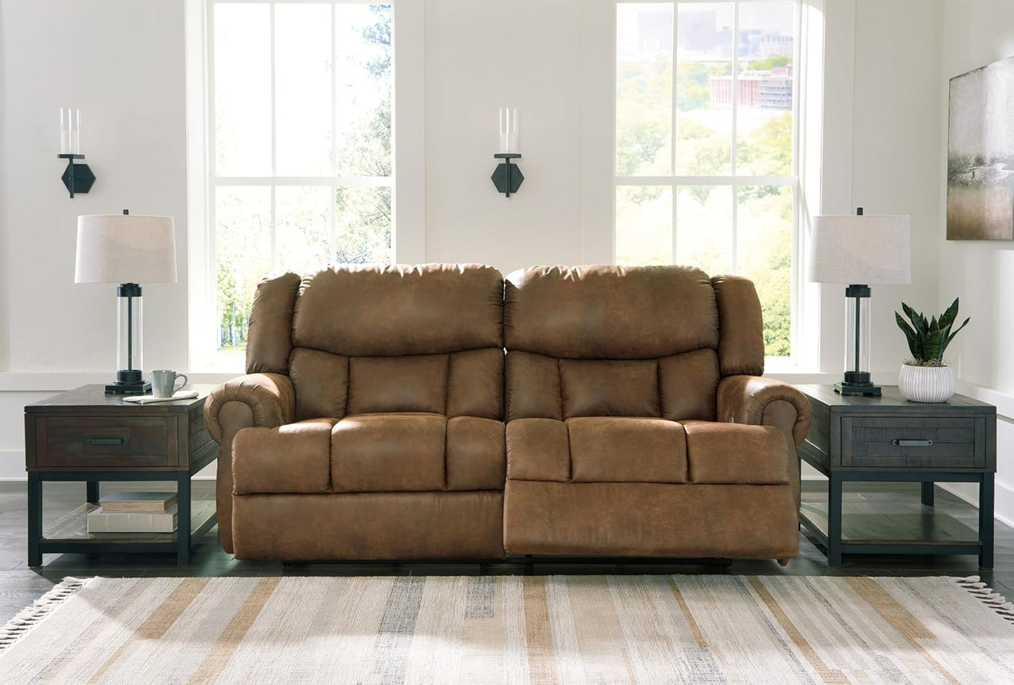 Signature Design by Ashley Boothbay Classic Faux Leather 2 Seat Power Reclining Sofa with USB Ports, Dark Brown