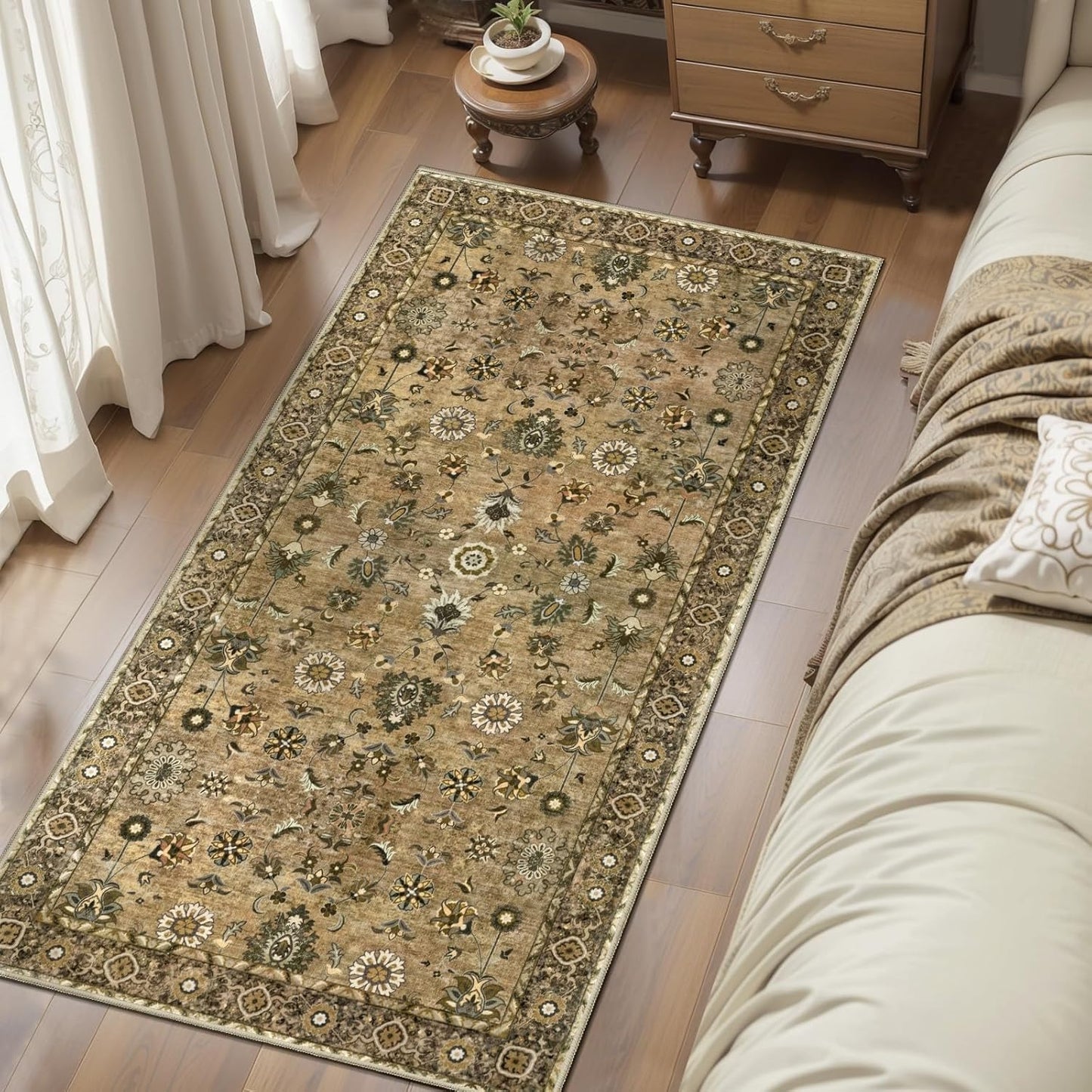 2x4 Washable Rug for Entryway, Vintage Floral Rug Non Slip Small, Indoor Front Door Runner Rugs, Print Distressed Brown Door Mat Carpet, Soft Low Pile for Entrance Kitchen Bedroom Bathroom