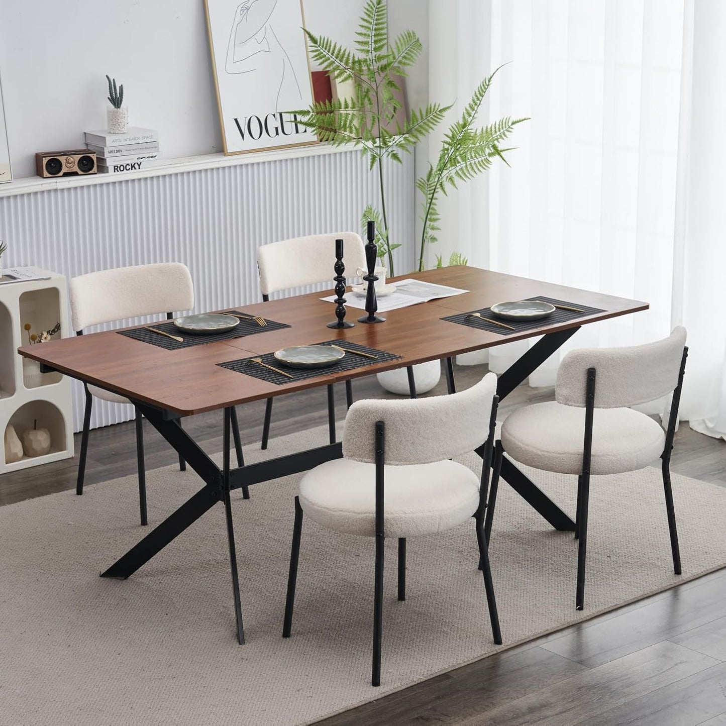 AWQM Dining Chairs Set of 2, Mid-Century Modern Kitchen Dining Room Chairs, Boucle Dining Chairs with Black Metal Legs for Kitchen, Living Room, White