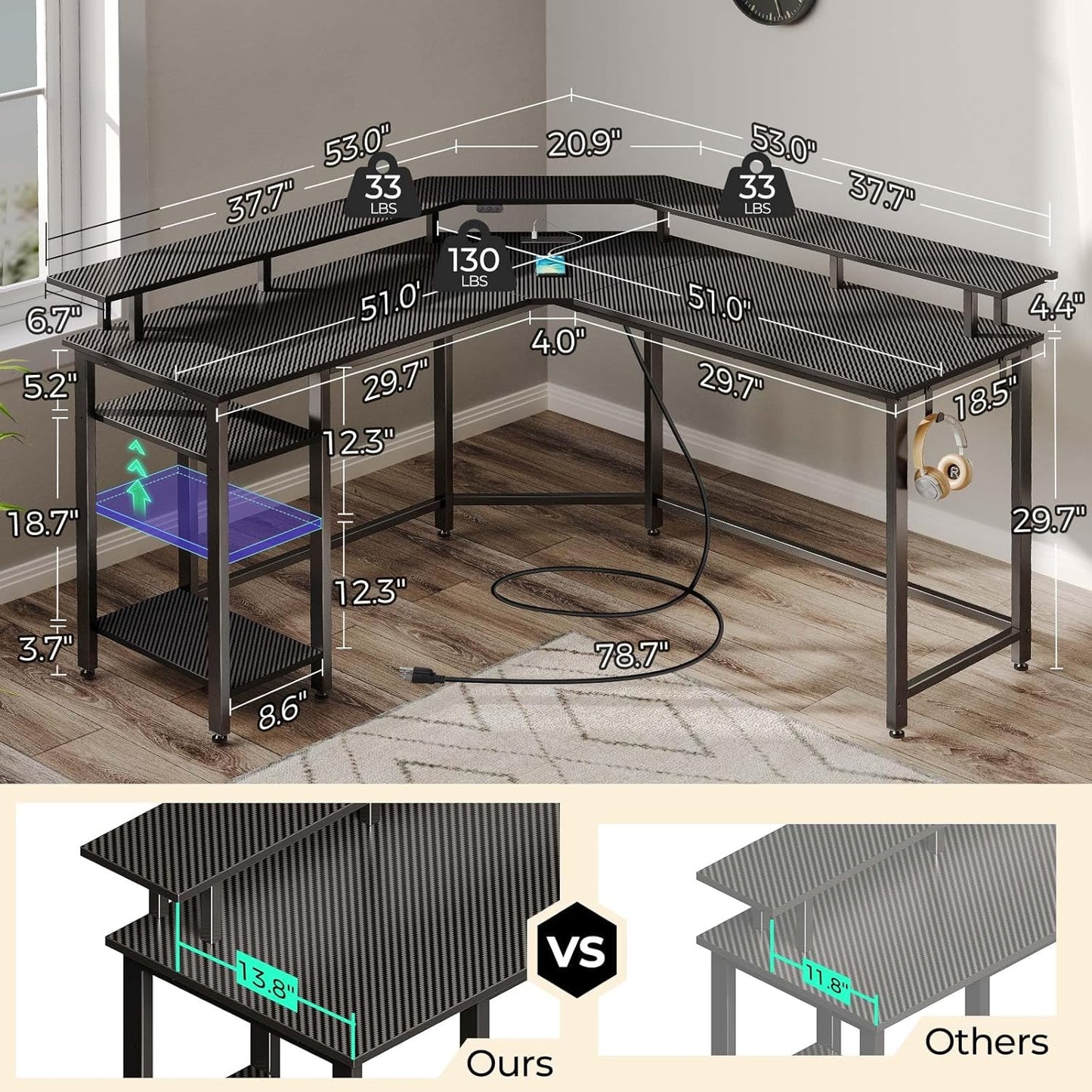 Rolanstar L Shaped Gaming Desk with LED Lights & Power Outlets, 53" Computer Desk with Full Monitor Stand & Storage Shelf, Corner Desk with Hooks, Carbon Fiber Desk Reversible